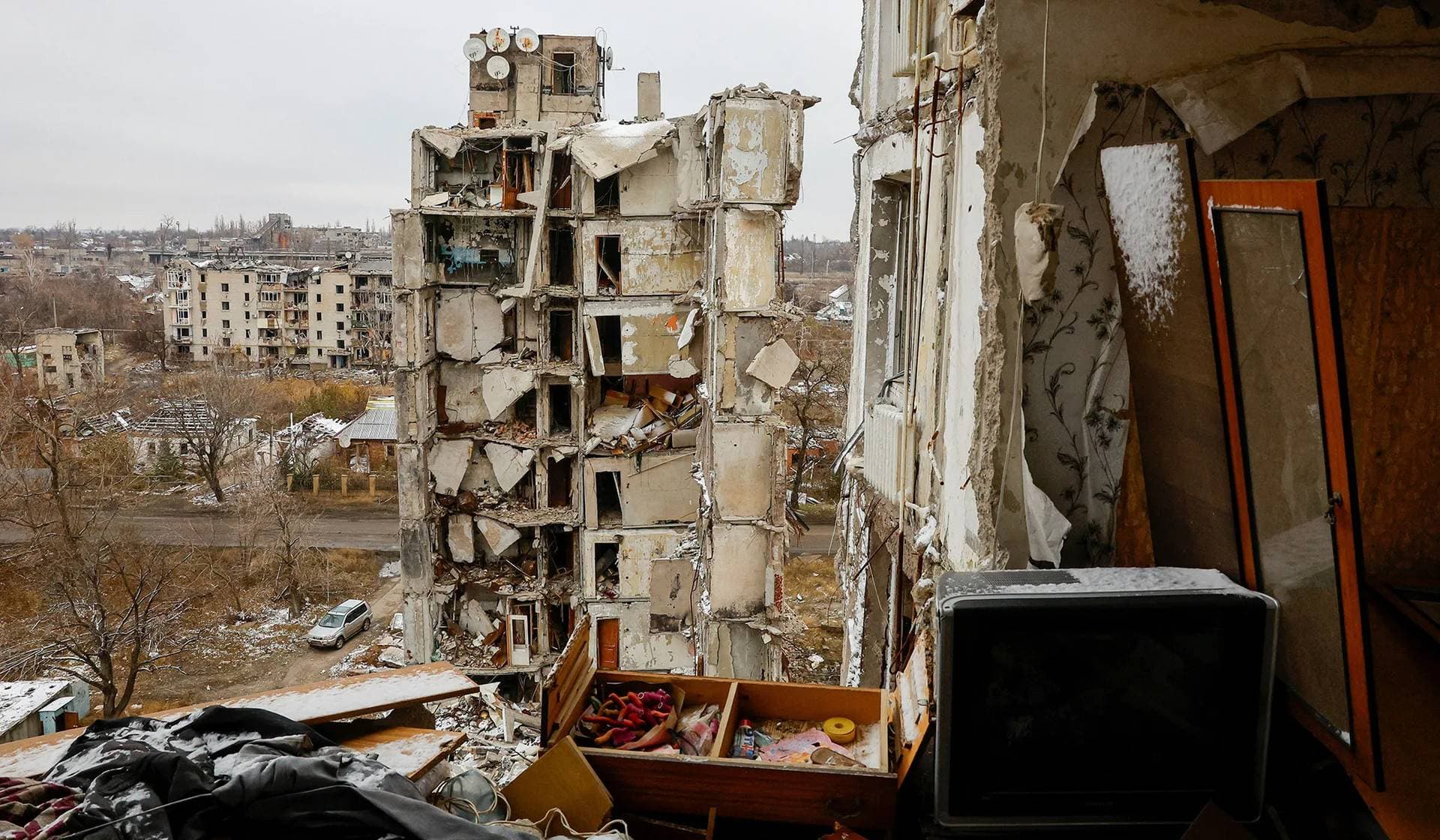 Heavily-damaged multi-story residential buildings in Avdiivka