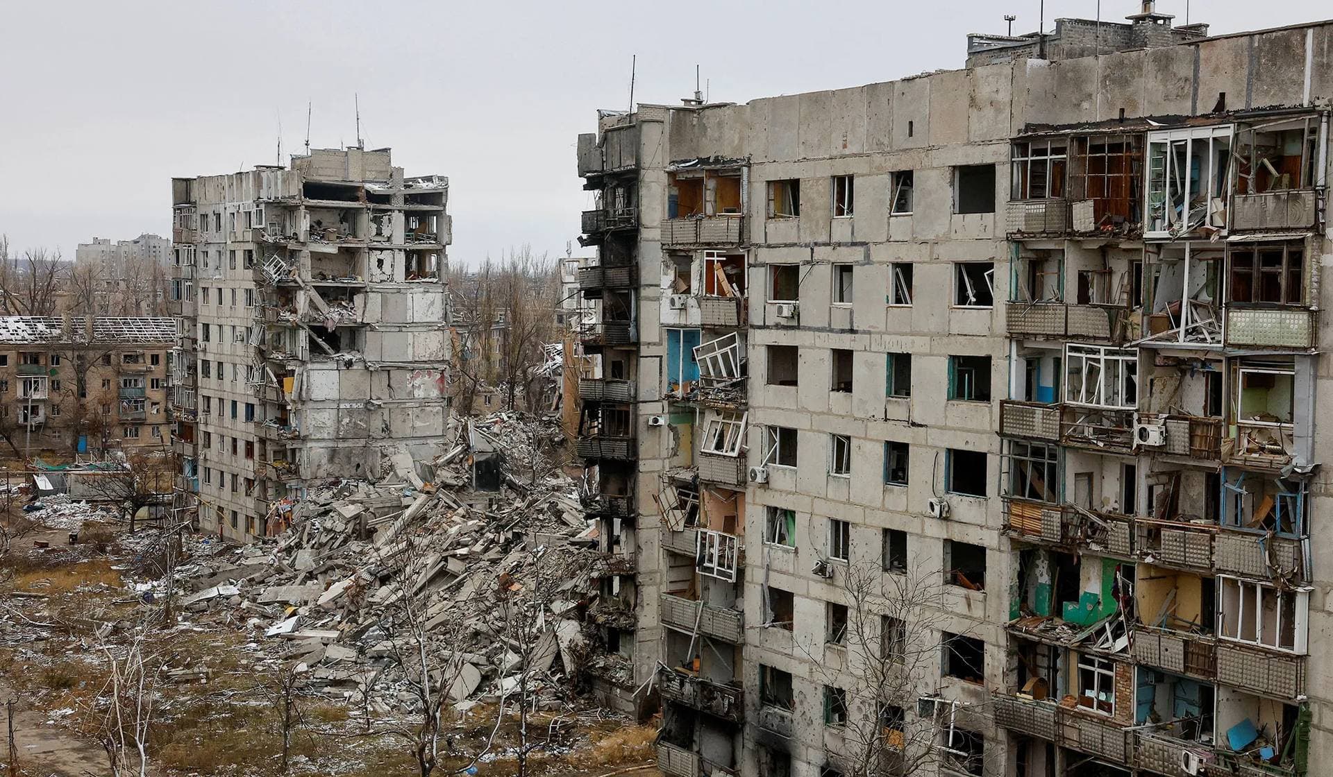 Heavily-damaged multi-story residential buildings in Avdiivka