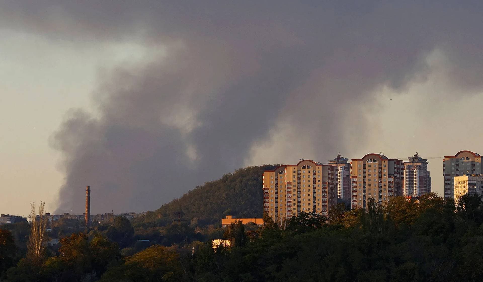 Smoke rises from the area in the direction of Avdiivka