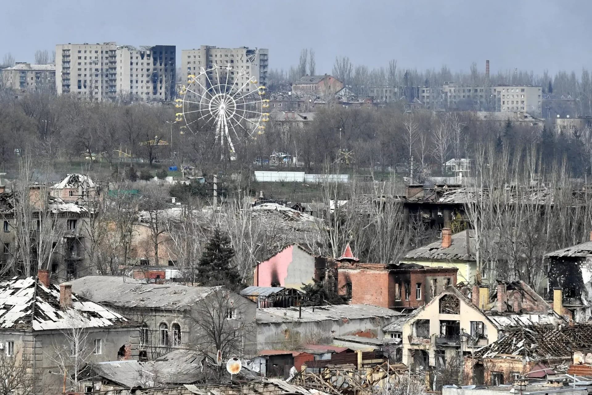 Mutilated houses near an amusement park in Bakhmut