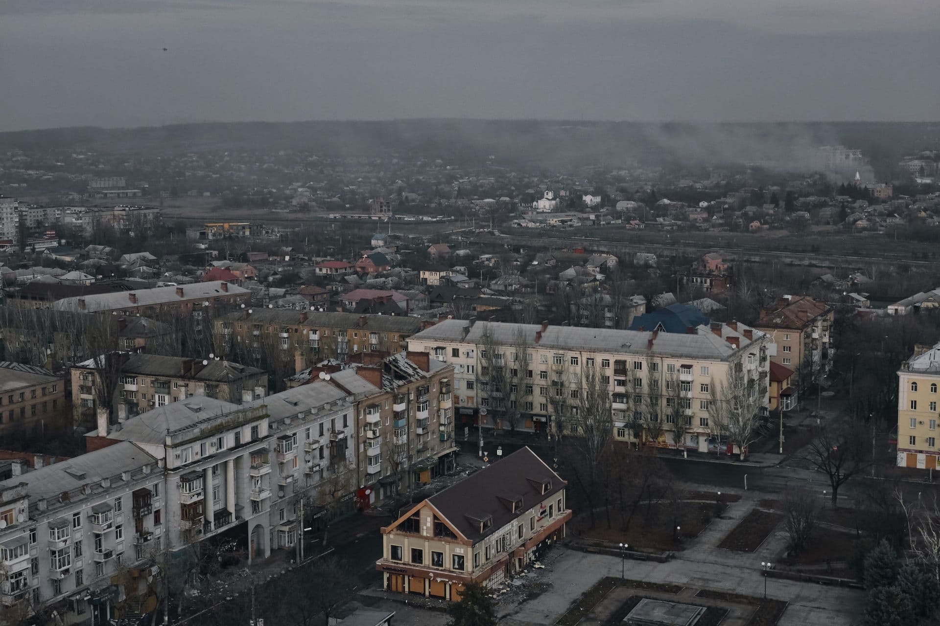 Smoke rises in this aerial view of Bakhmut, the site of the heaviest battles with the Russian troops