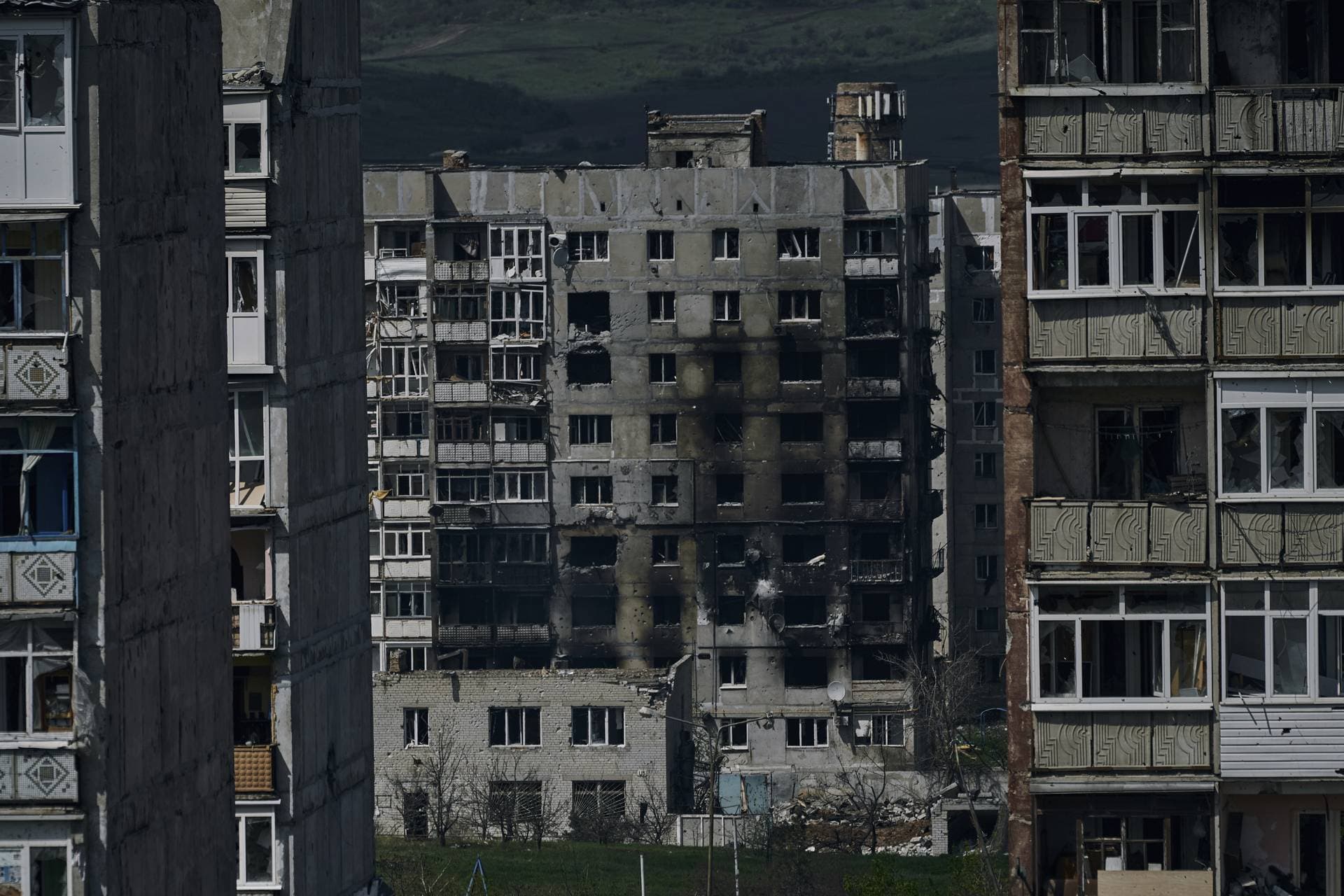 Burnt out buildings in Bakhmut