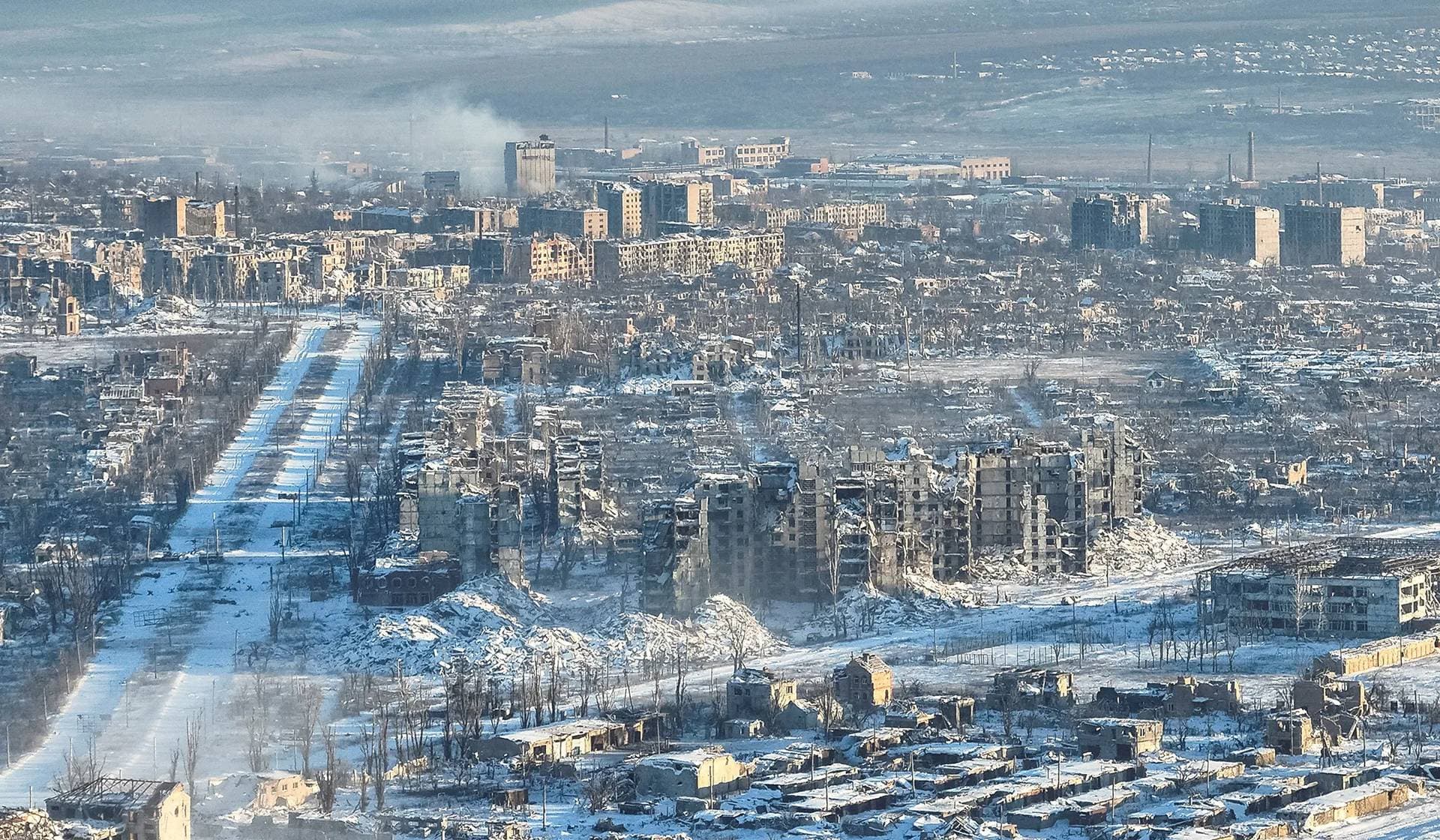 Destroyed buildings as a result of intense fighting in Bakhmut