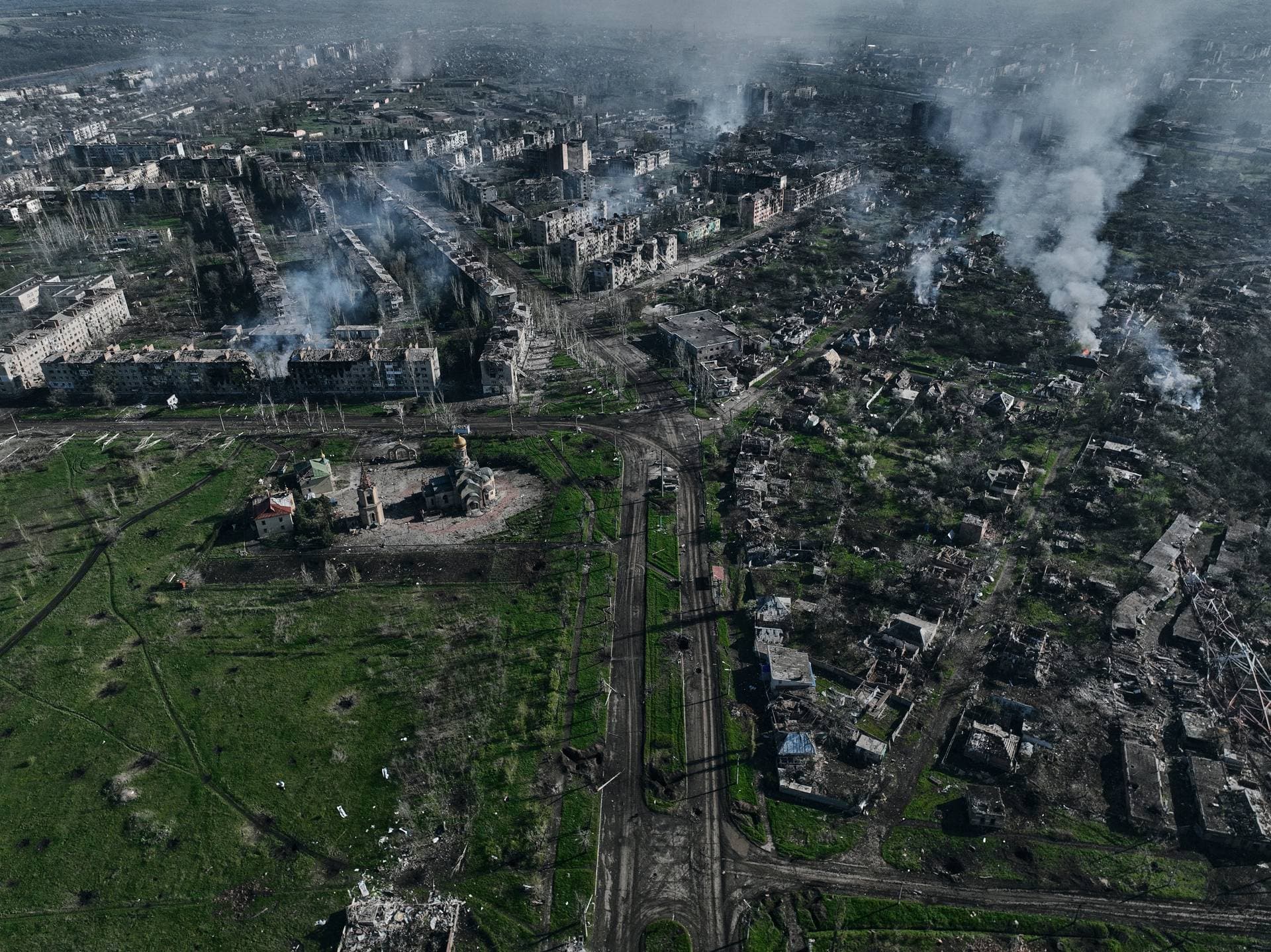 Smoke rises from buildings in this aerial view of Bakhmut