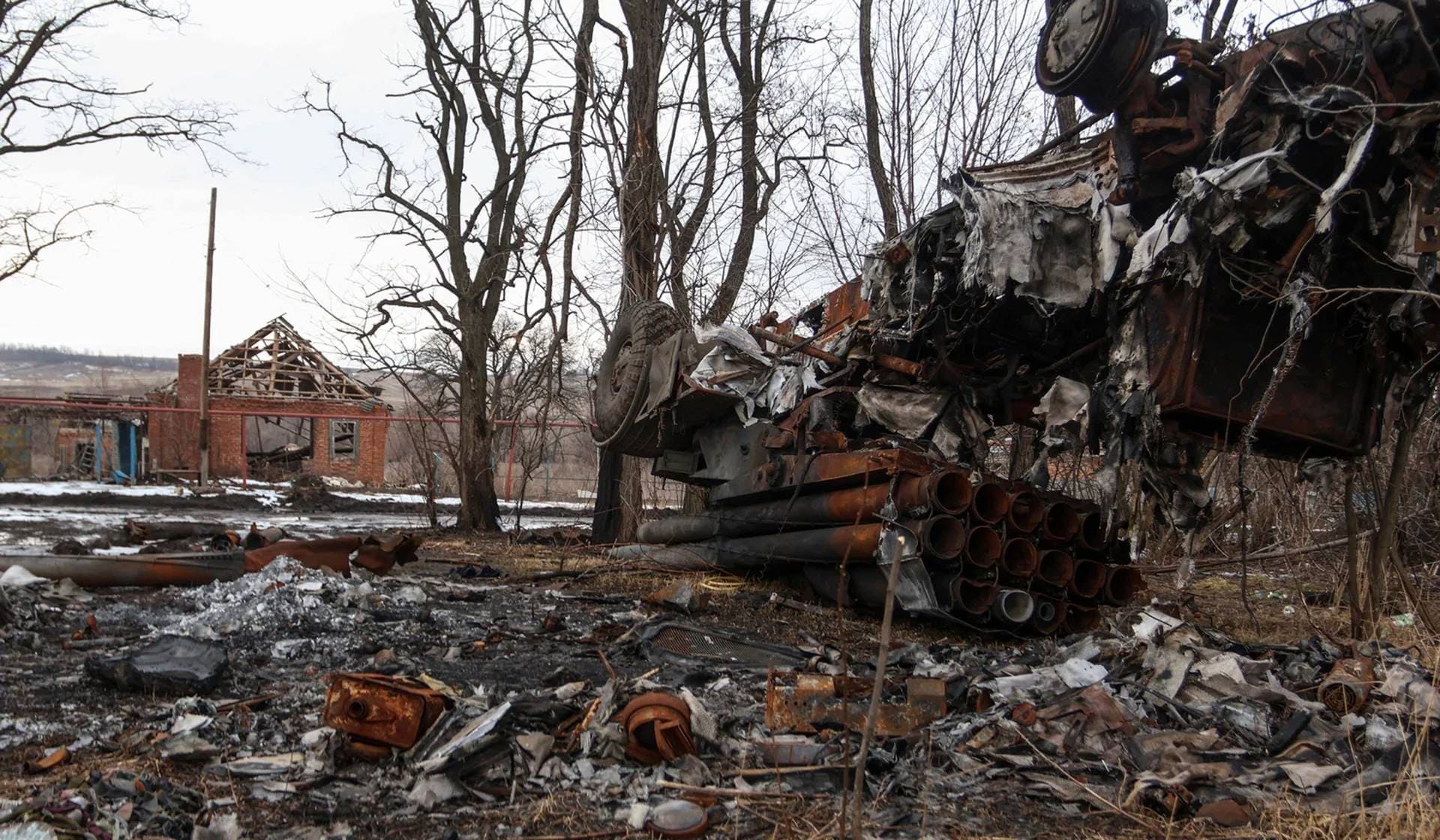 A destroyed multiple rocket launch system outside the frontline town of Bakhmut, Donetsk Region, Ukraine, February 25, 2023.