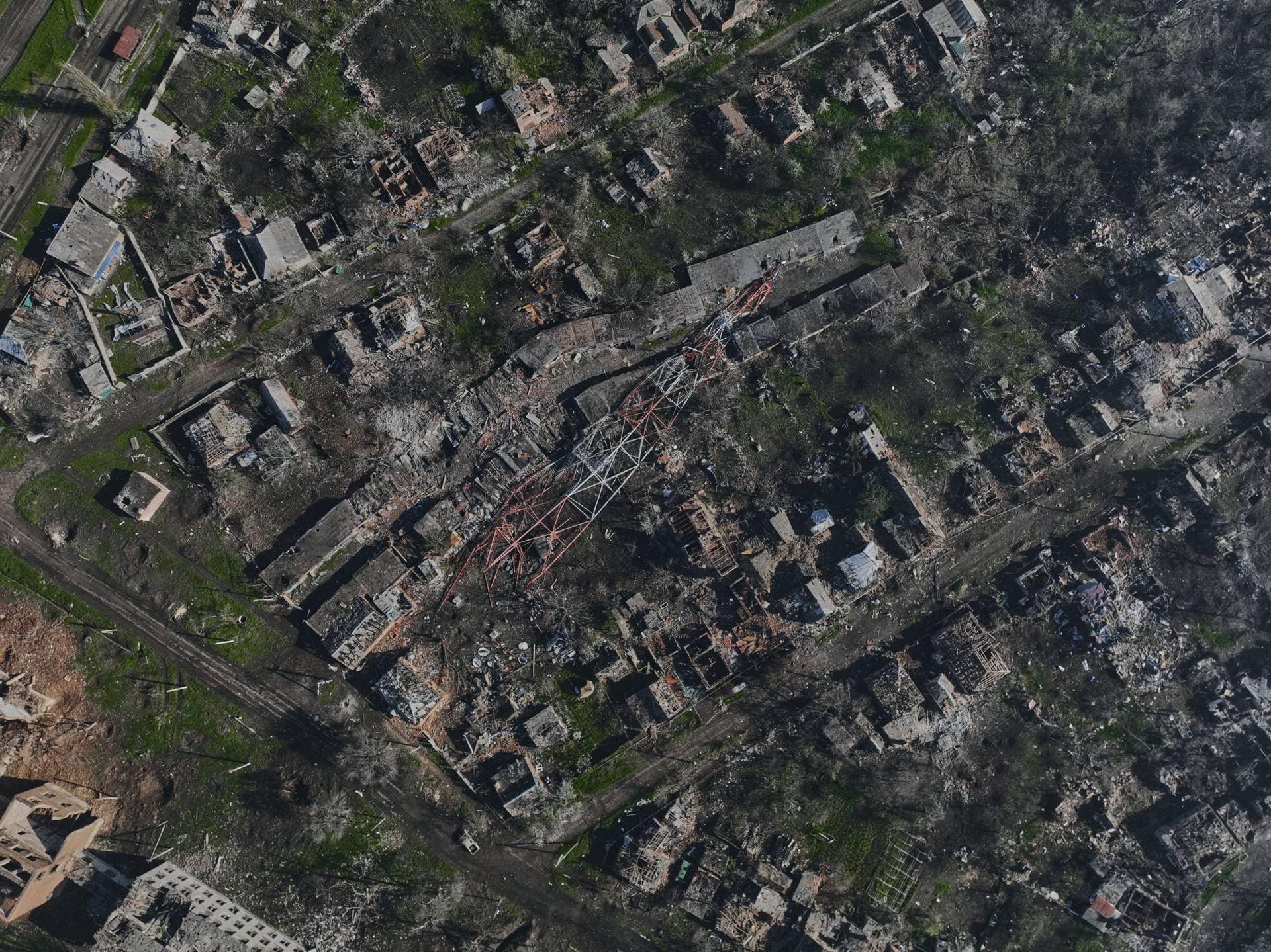Smoke rises from buildings in this aerial view of Bakhmut