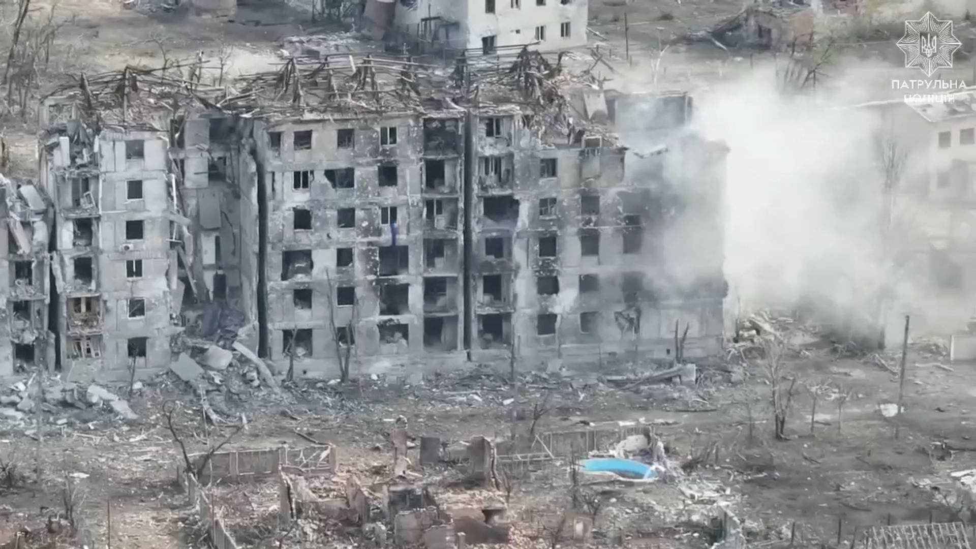 A drone view shows a damaged building in the aftermath of a Russian strike in Toretsk