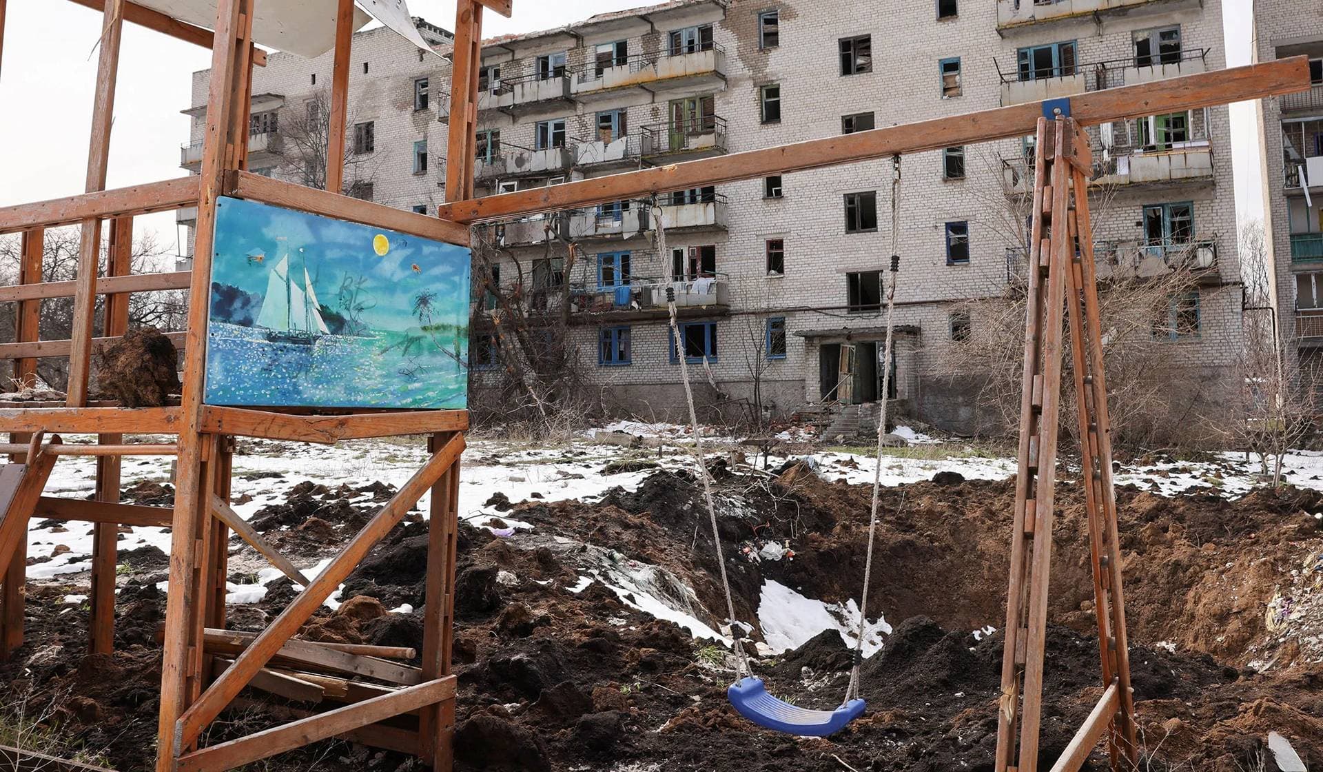 A crater from recent shelling at a playground in Chasiv Yar