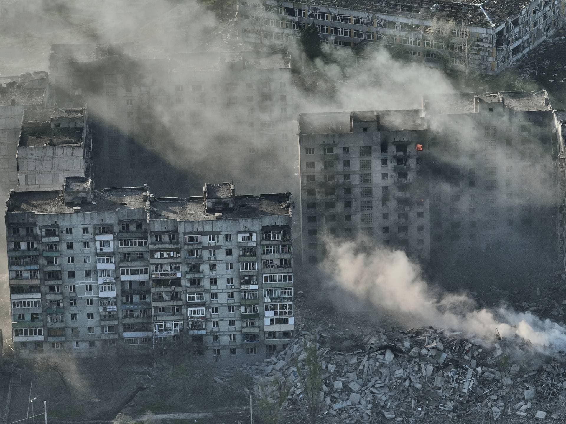 Smoke rises from buildings in this aerial view of Bakhmut