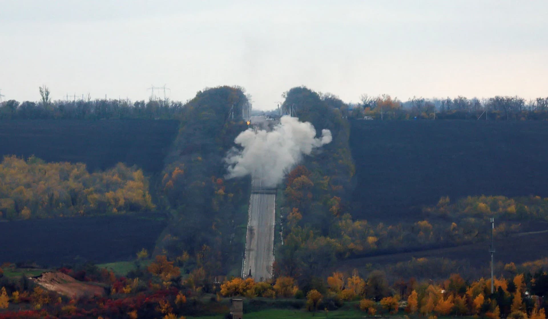 An explosion from a rocket on a main road in Bakhmut