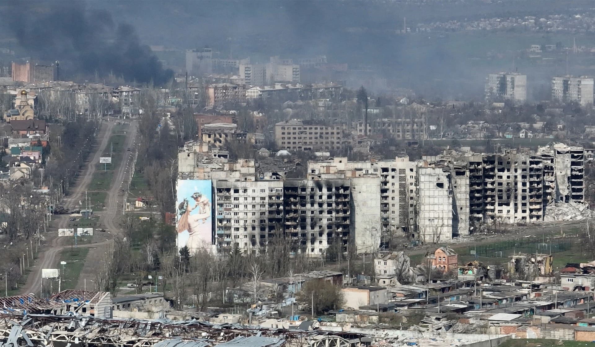 Smoke is seen in this drone footage of Bakhmut