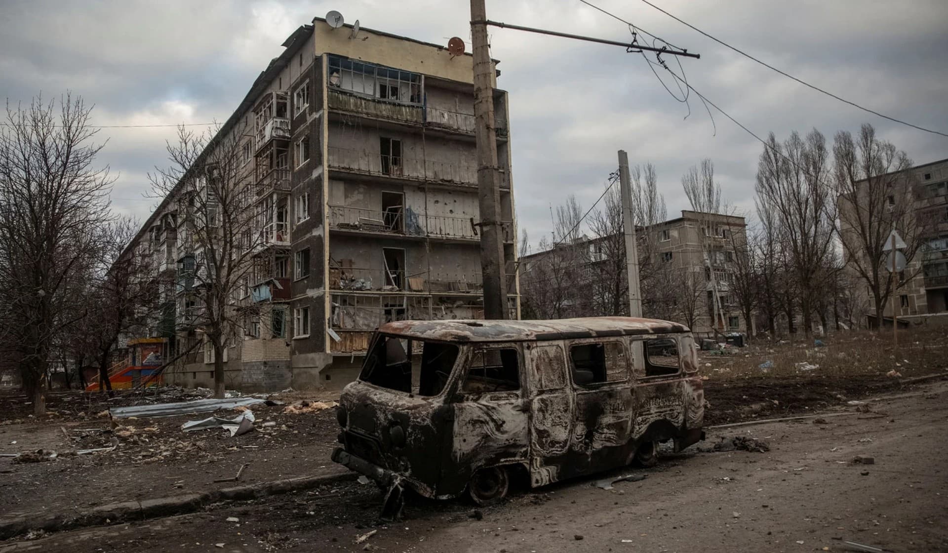 A general view shows an empty street and buildings in the front line city of Bakhmut