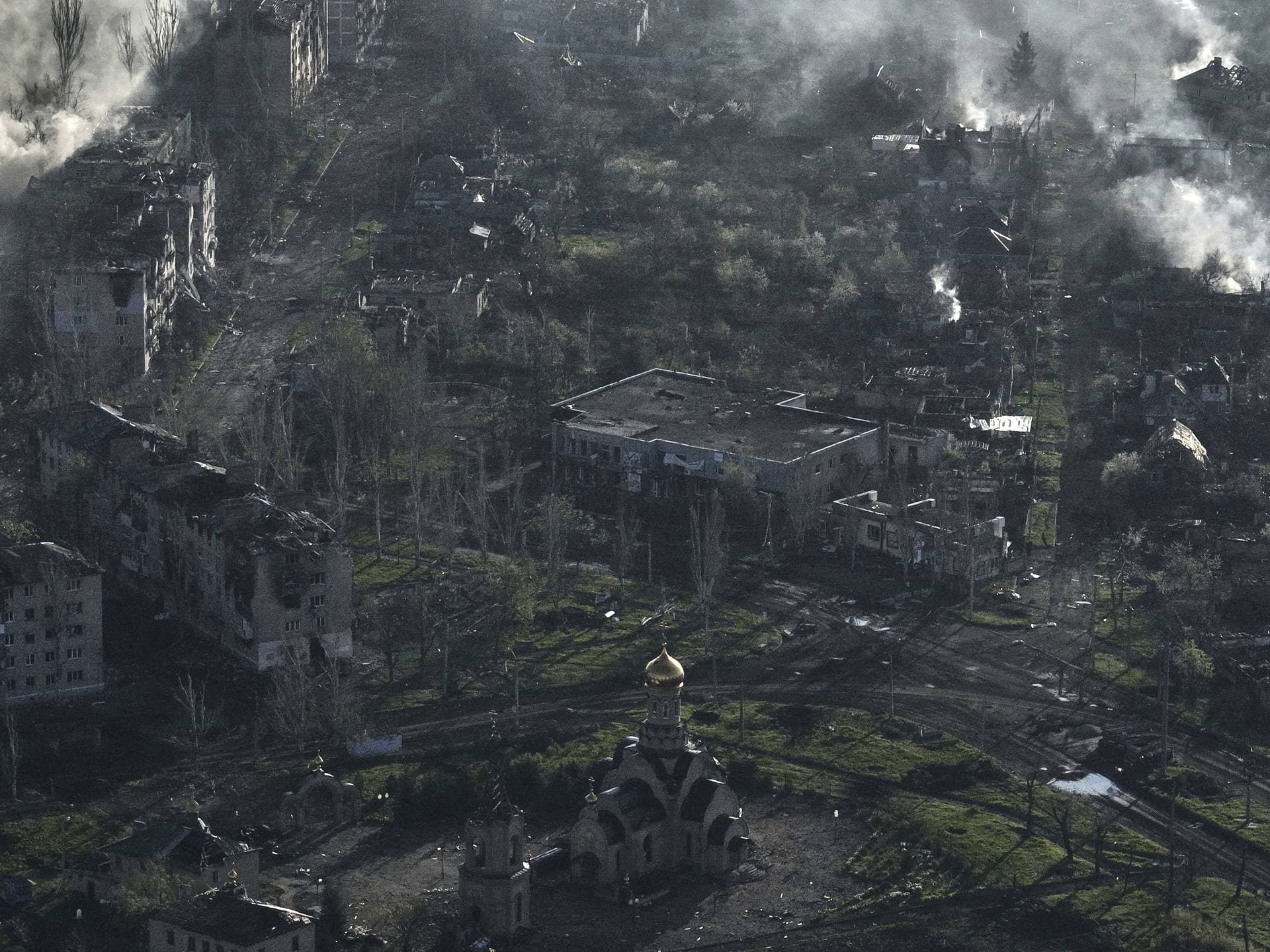 Smoke rises from buildings in this aerial view of Bakhmut