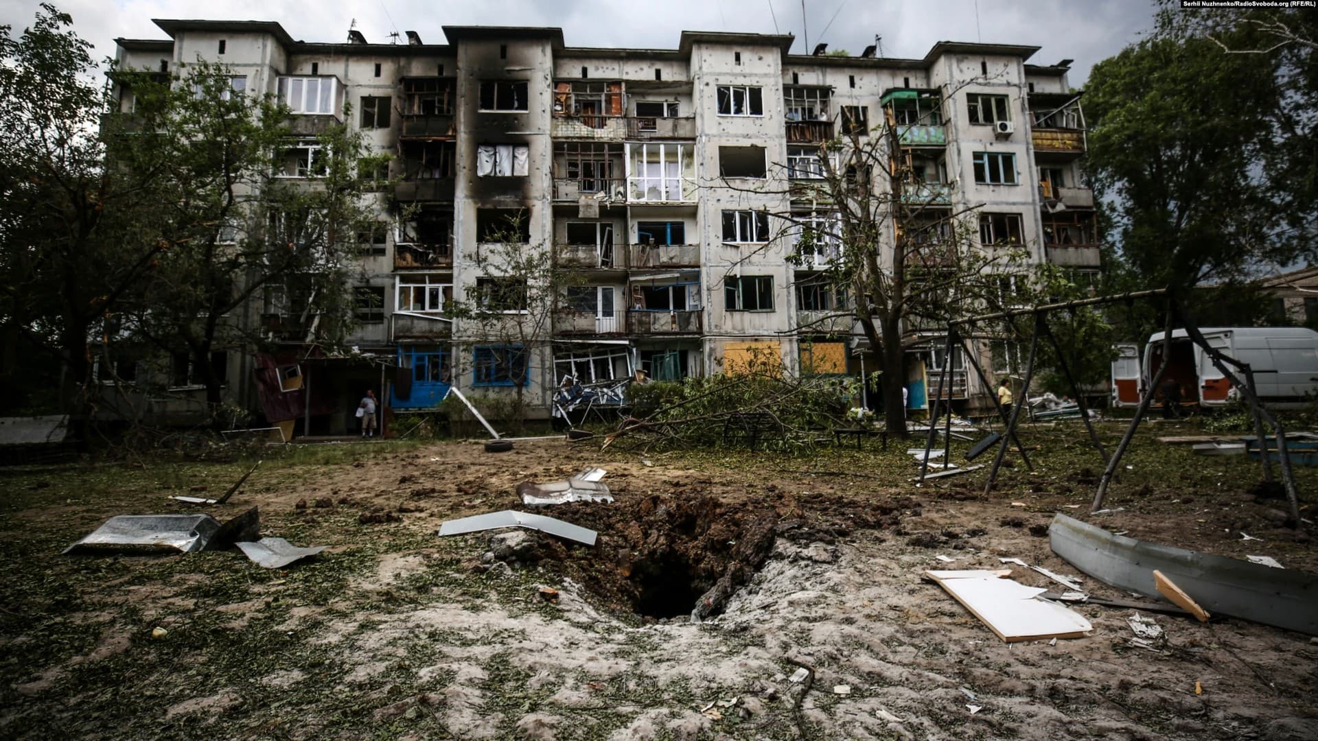 A crater from a missile strike that landed directly on a children's playground