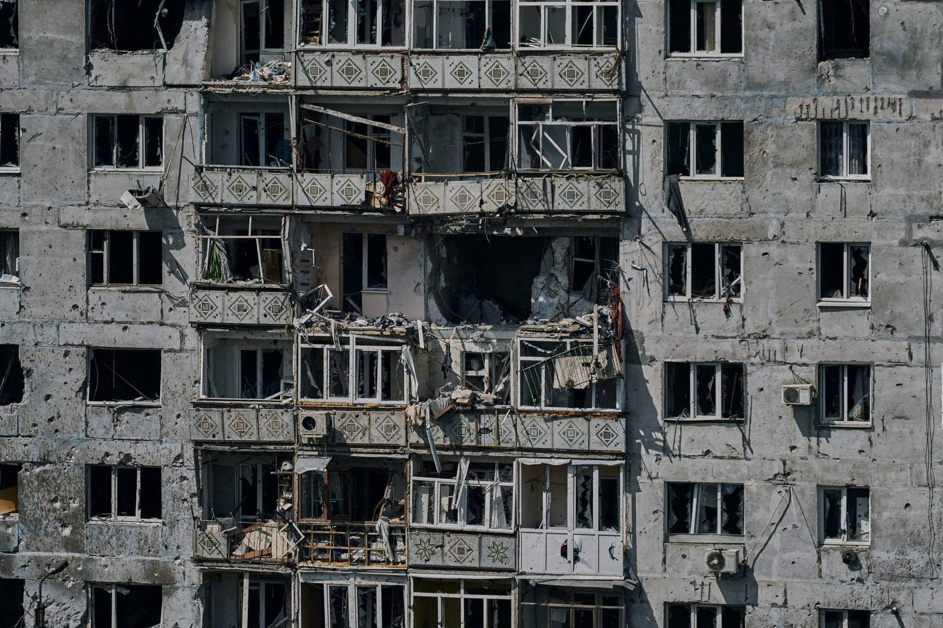 Smoke rises from buildings in this aerial view of Bakhmut
