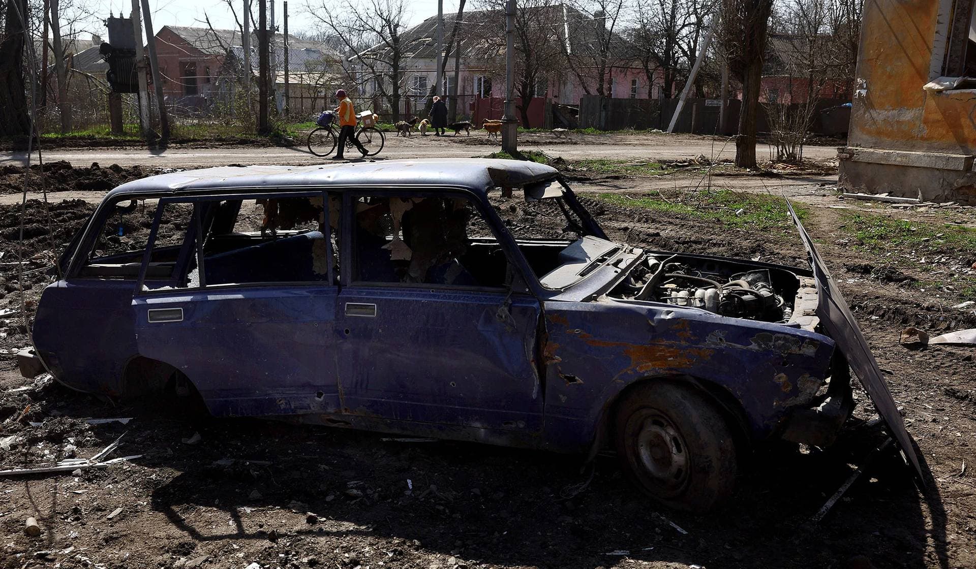 Destroyed car from recent shelling during heavy fighting at the frontline in Chasiv Yar