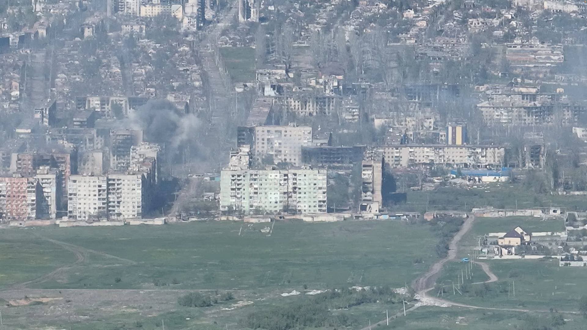Smoke rises from buildings in this aerial view of Bakhmut