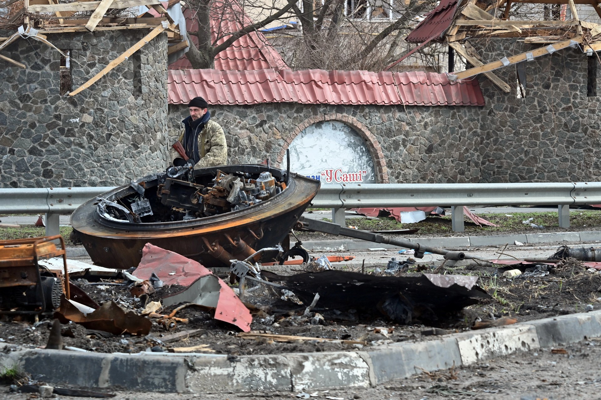 Ukrainian territorial defence serviceman in Borodianka