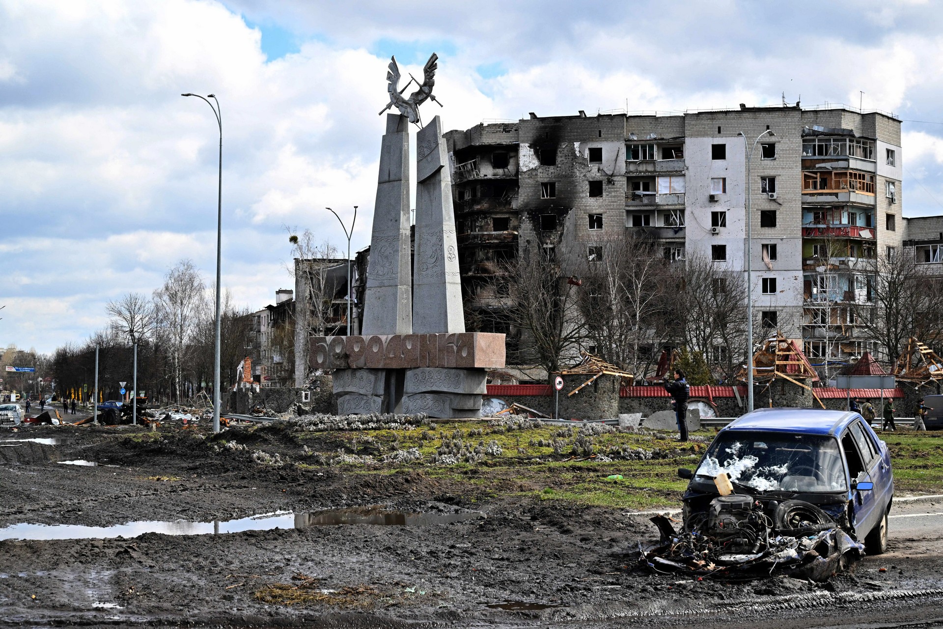 wreckage of a car in Borodianka's central square