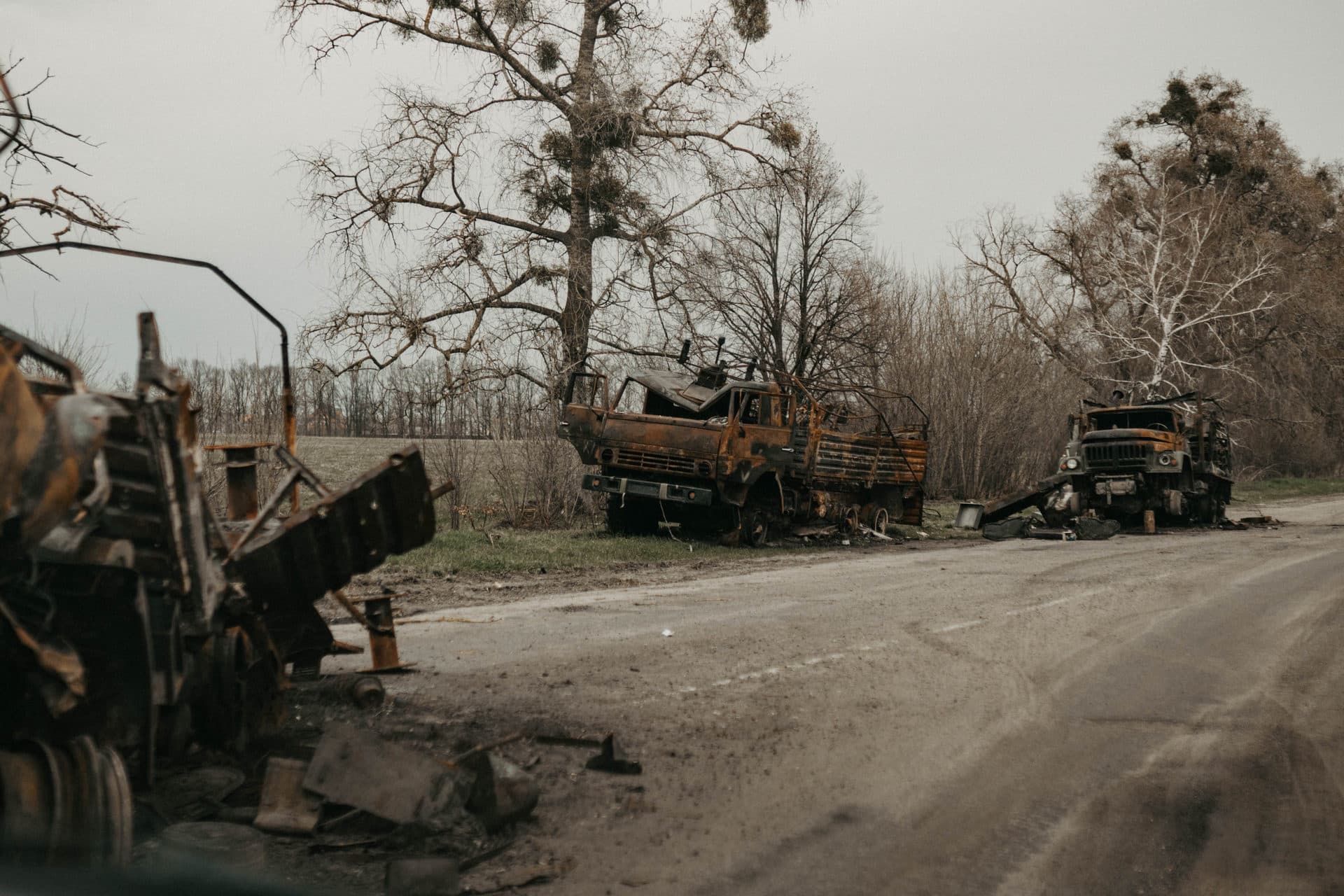 destruction and burnt out Russian military vehicle in Borodyanka