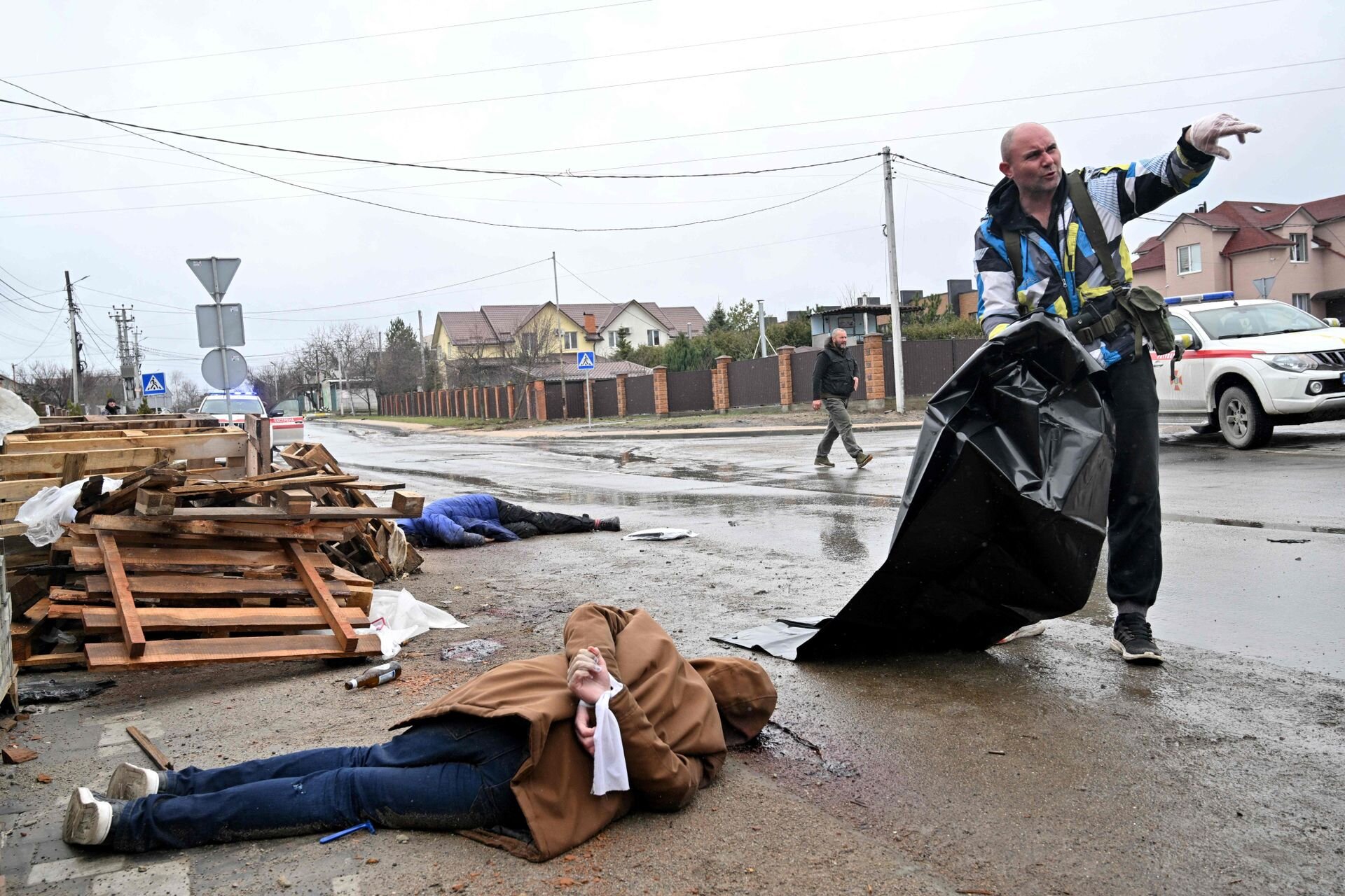 The body of a civilian with his hands tied behind his back in Bucha