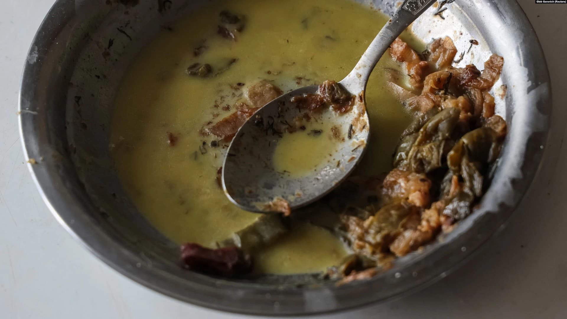 A plate with frozen food in the apartment of Tetiana Reznychenko in the Ukrainian village of Horenka