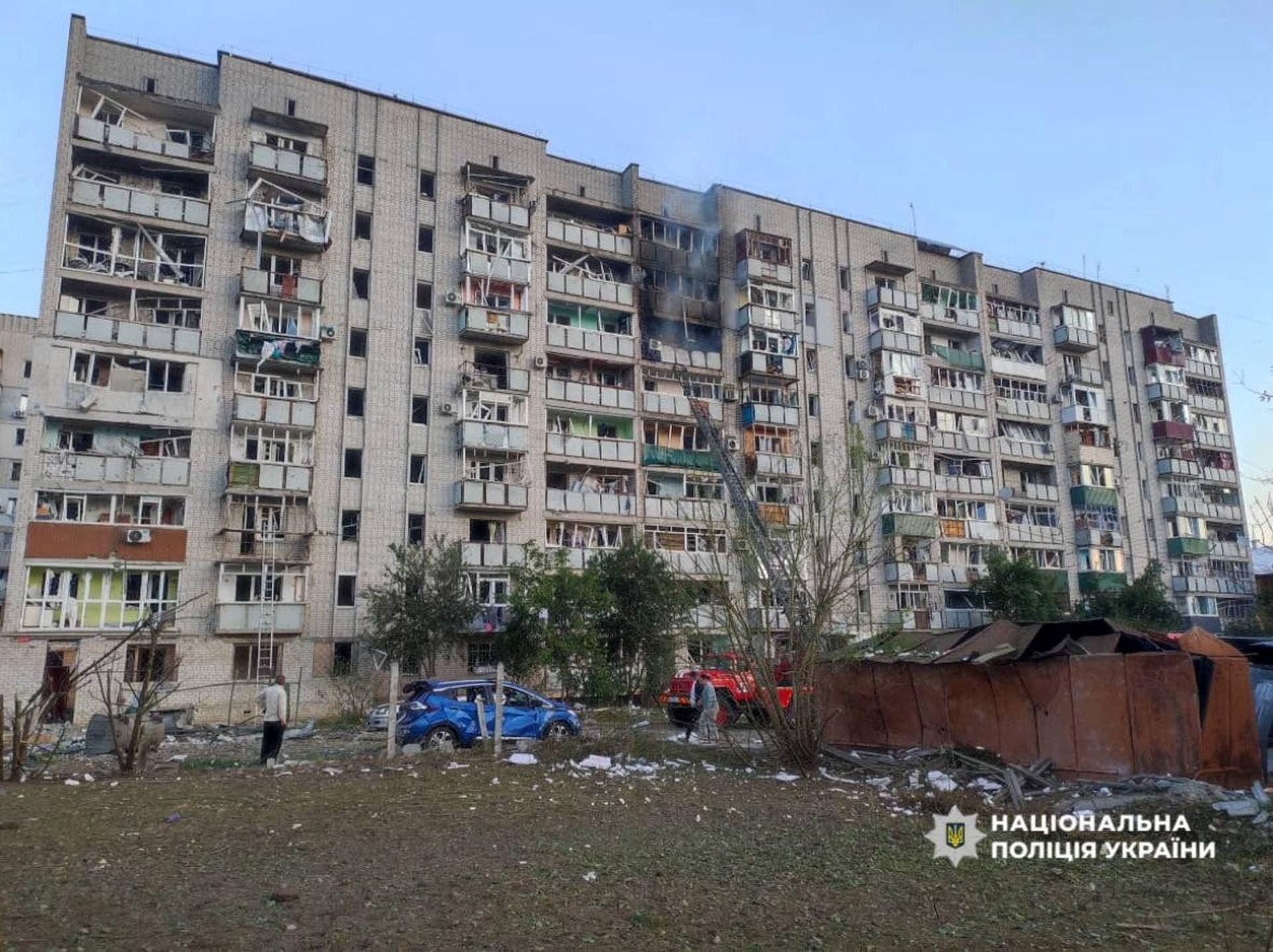 An apartment building damaged during Russian drone and missile strikes in Smila