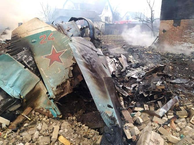 Remains of a Russian fighter aircraft in Chernihiv