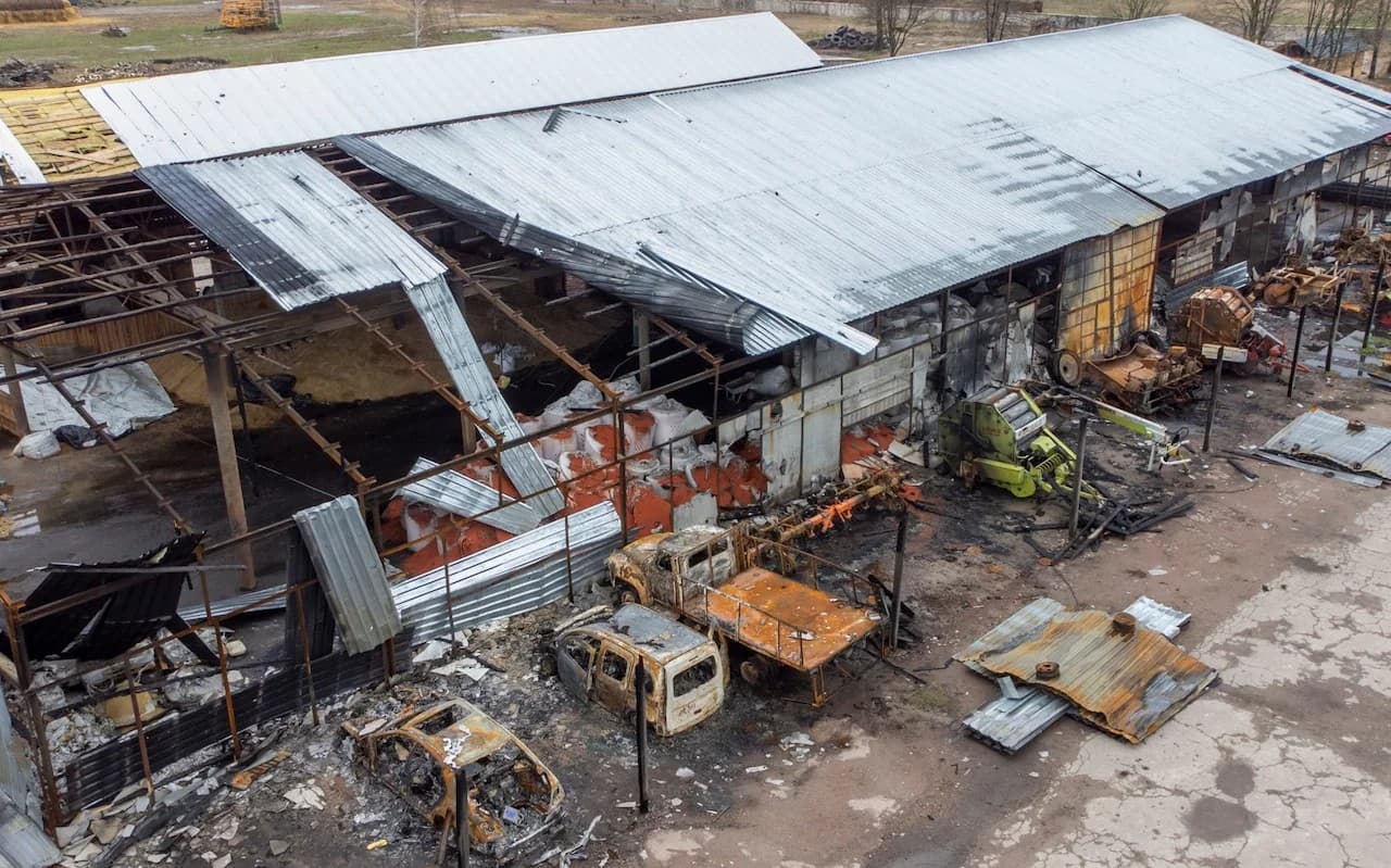 farm in northeastern Ukraine was heavily damaged during an attack by Russian forces