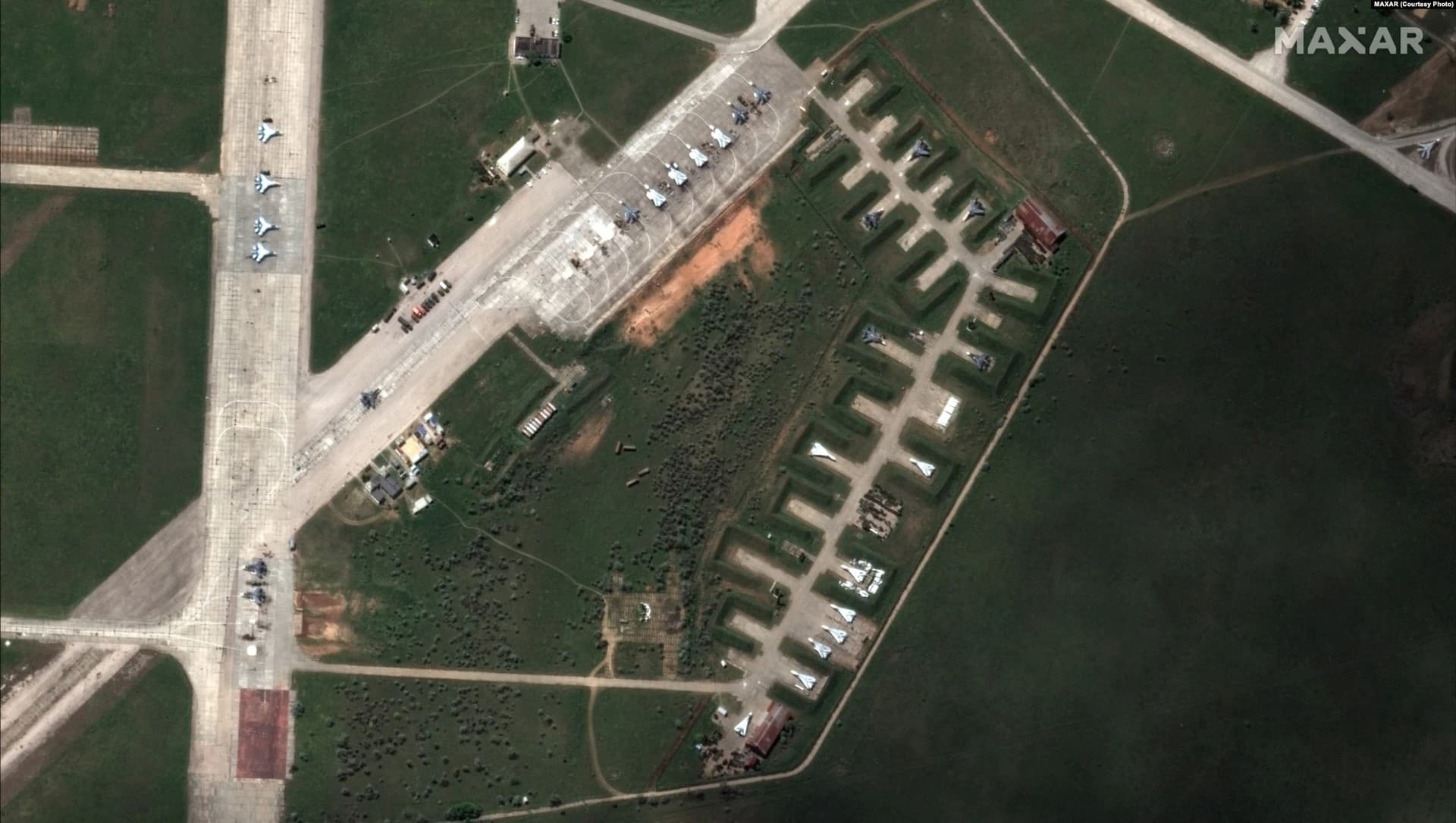A satellite image by Maxar shows Saky Air Base on May 16.
