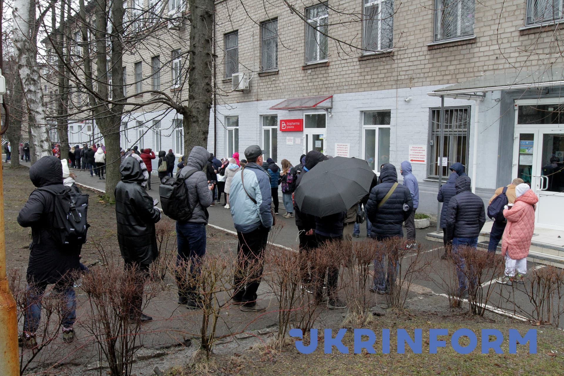 People queue outside the Dnipro Regional Blood Transfusion Station during the blood donation campaign, Dnipro