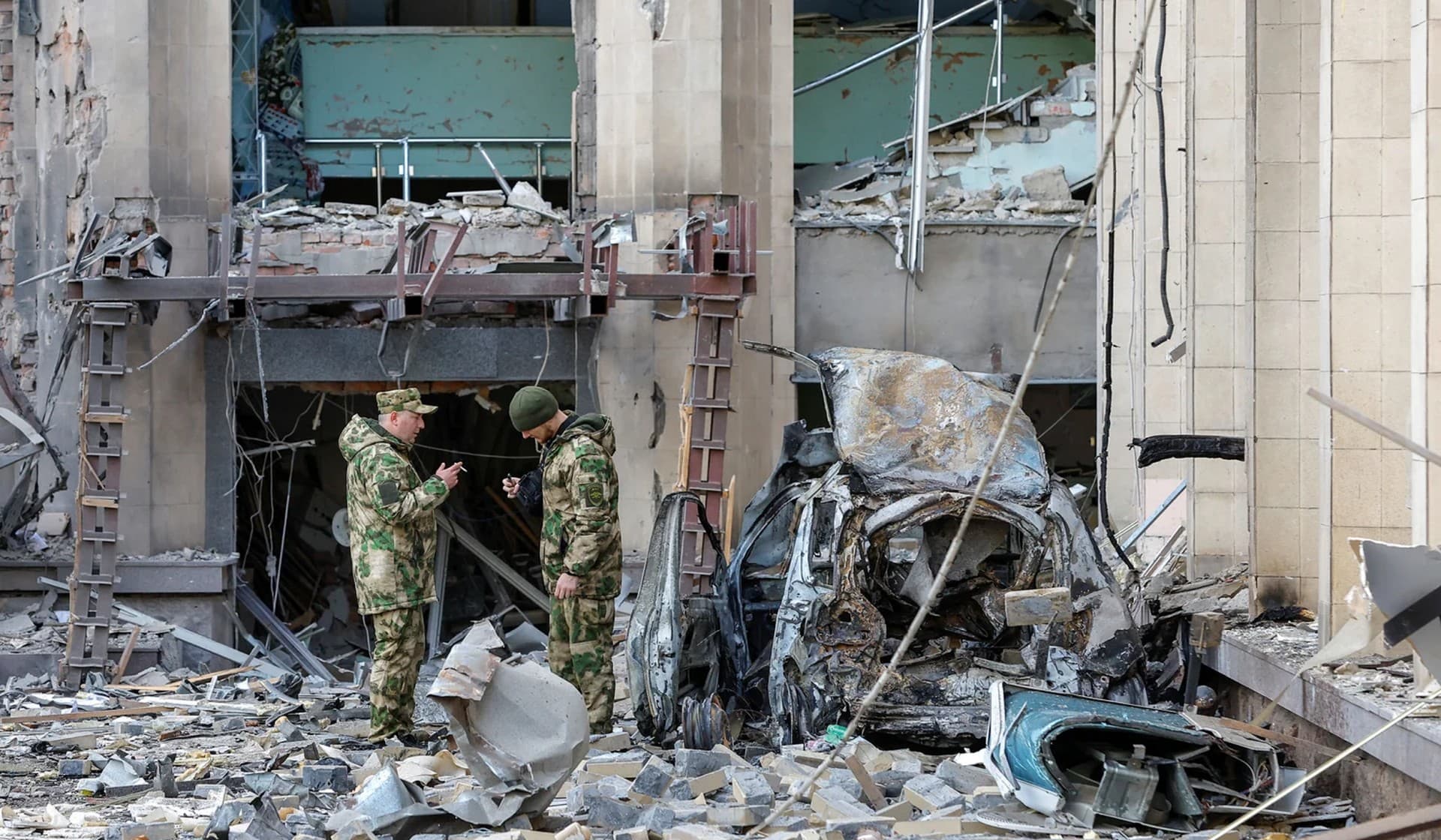 The city administration building hit by recent shelling in Donetsk