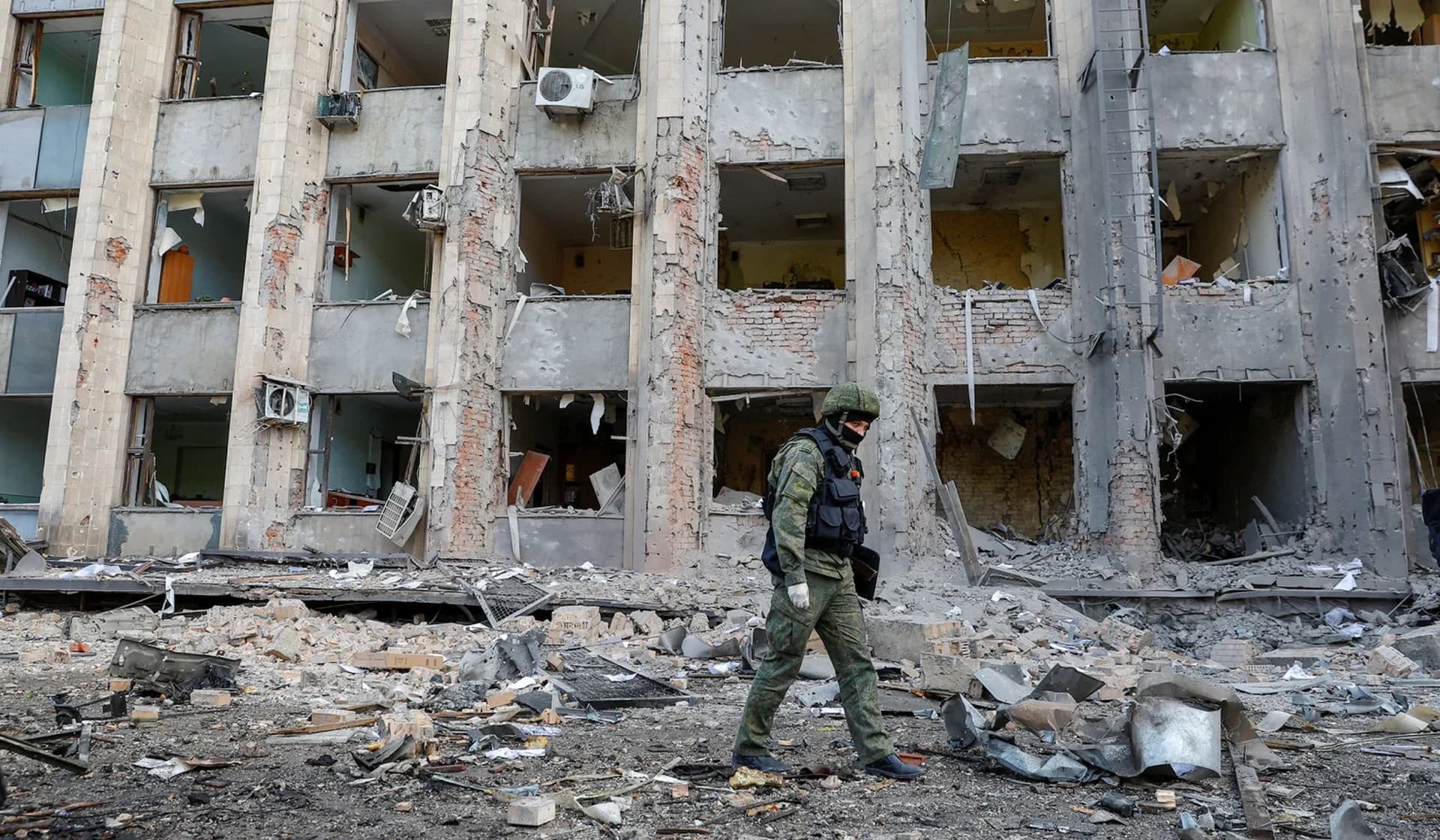 The city administration building hit by recent shelling in Donetsk