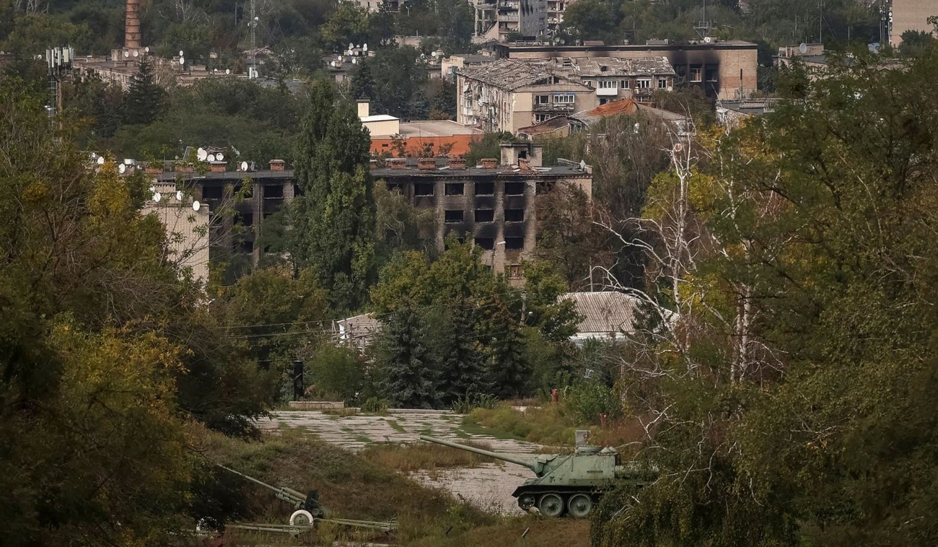 Damaged houses in the town of Izium