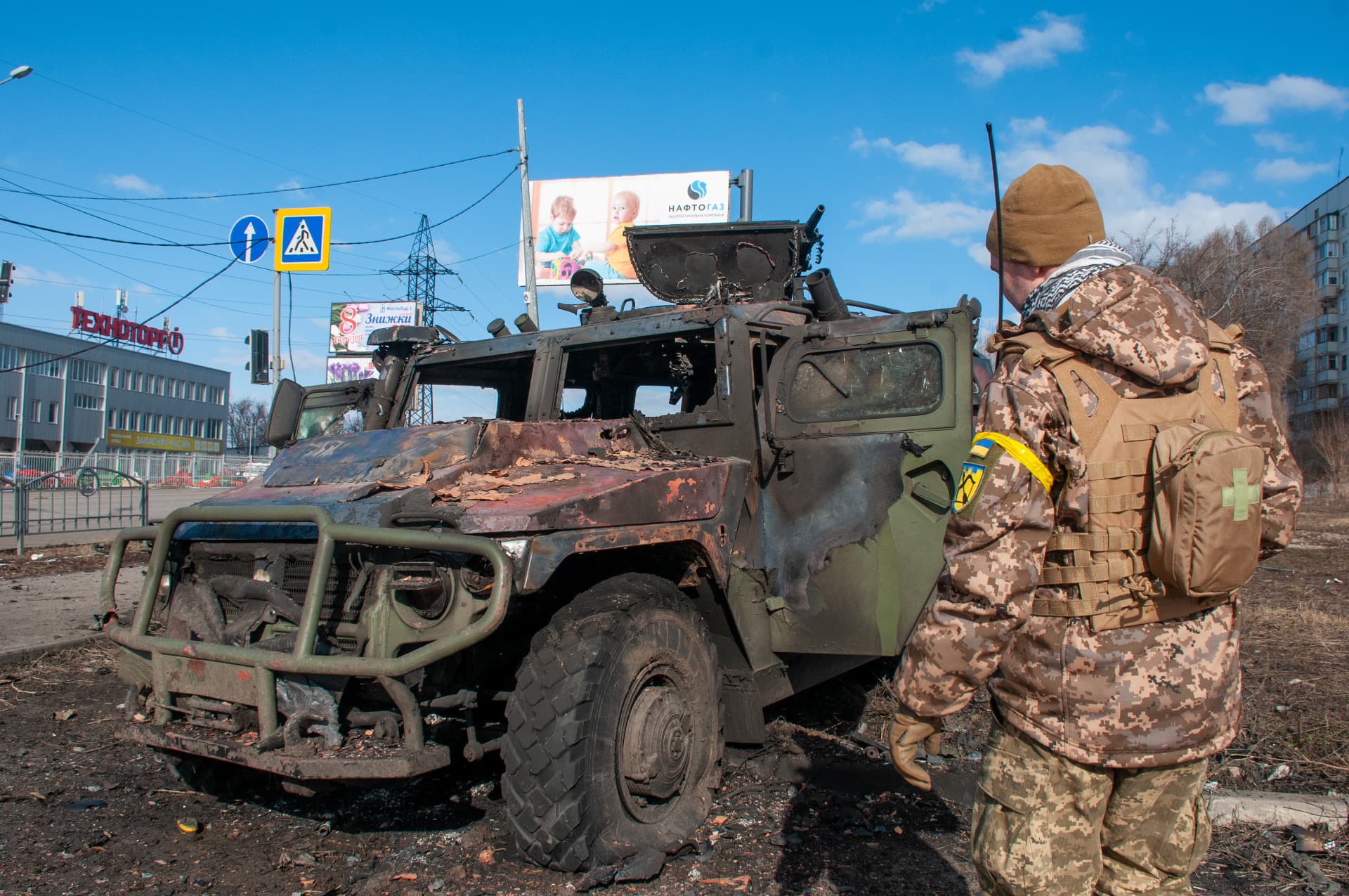 Burnt Russian armored car Tiger in Kharkiv