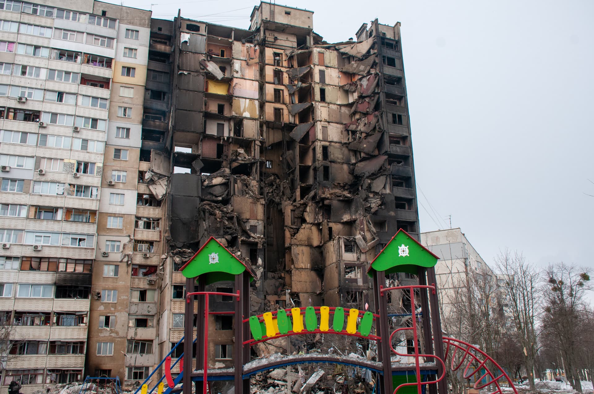 Destroyed after shelling by the Russian military-occupiers of a residential building in a residential area of Kharkiv