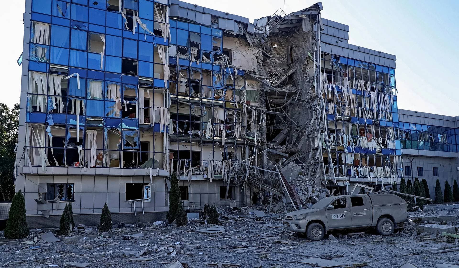 An office building damaged during a Russian missile attack, in Kharkiv