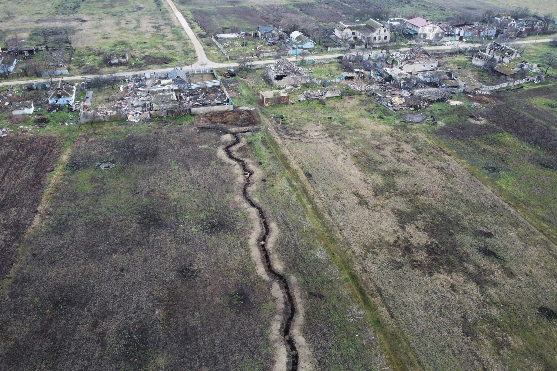 Trenches line the ground behind Stepan and his wife Tetyana’s house, in Posad-Pokrovske