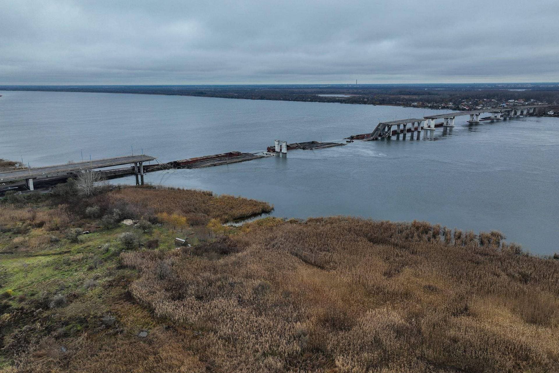 General view of the damaged Antonivsky Bridge in Kherson