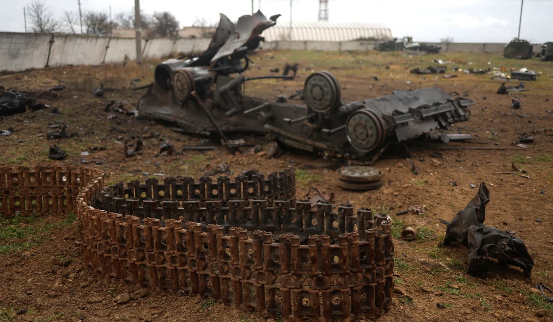 A destroyed Russian tank at a compound of an international airport after Russia's retreat from Kherson in Chornobaivka outside of Kherson
