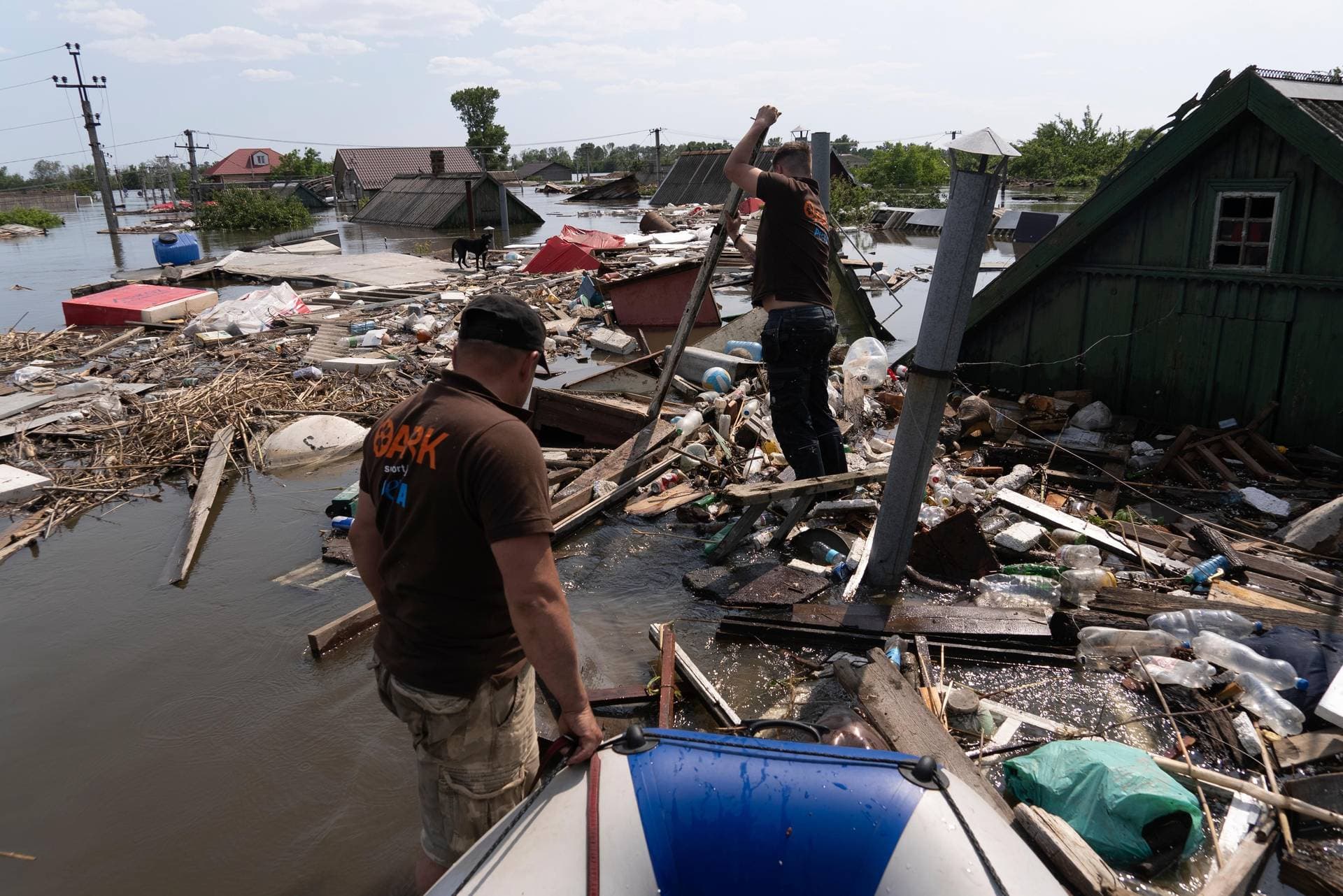 Animal rescuers make their way through floating debris to rescue a dog in the flooded area after the dam collapse in Kherson