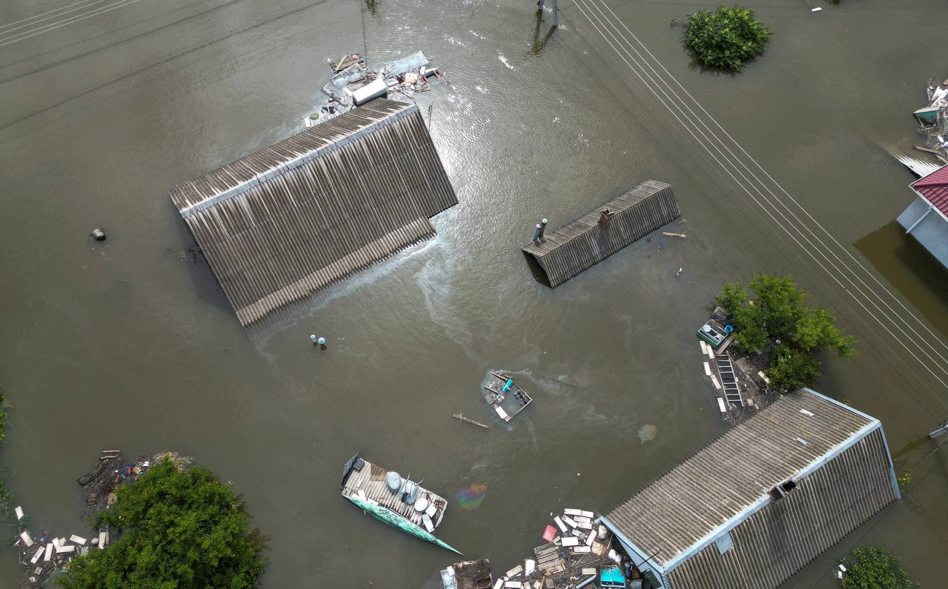 A view of flooded residential buildings in the port city of Kherson