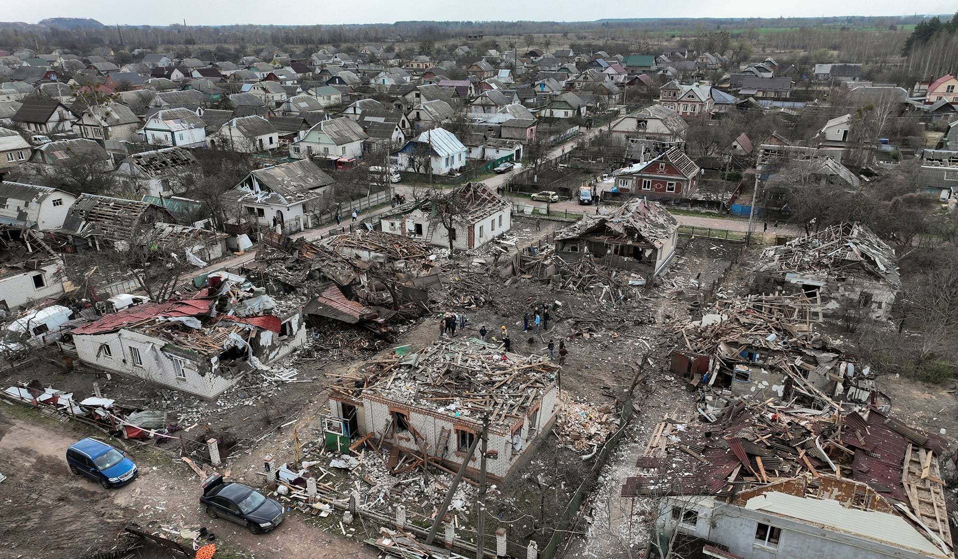 Drone view of the houses destroyed and heavily damaged during a Russian missile strike in Korosten