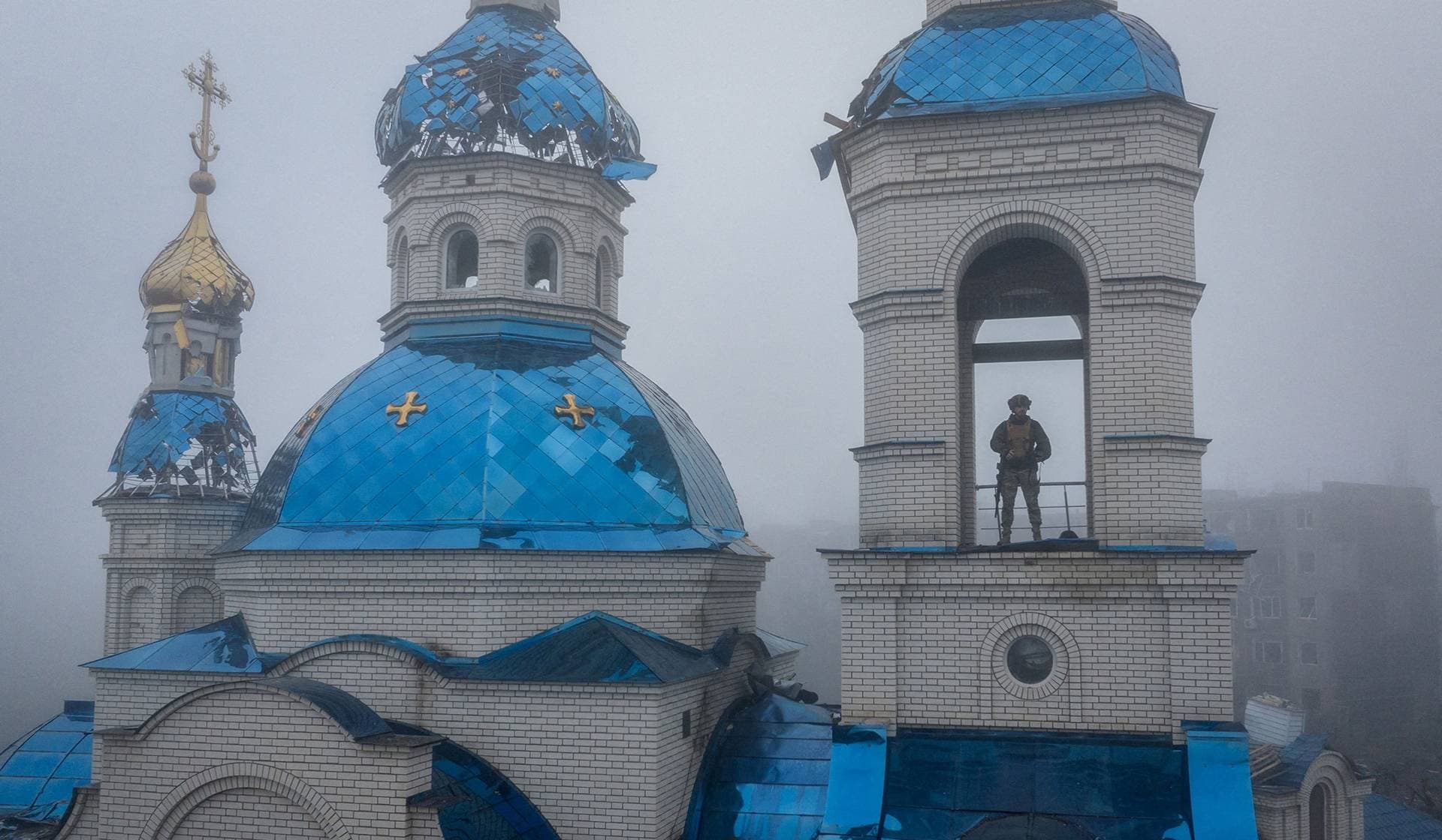 Drone view of a church damaged by Russian military strike in the frontline town of Kostiantynivka