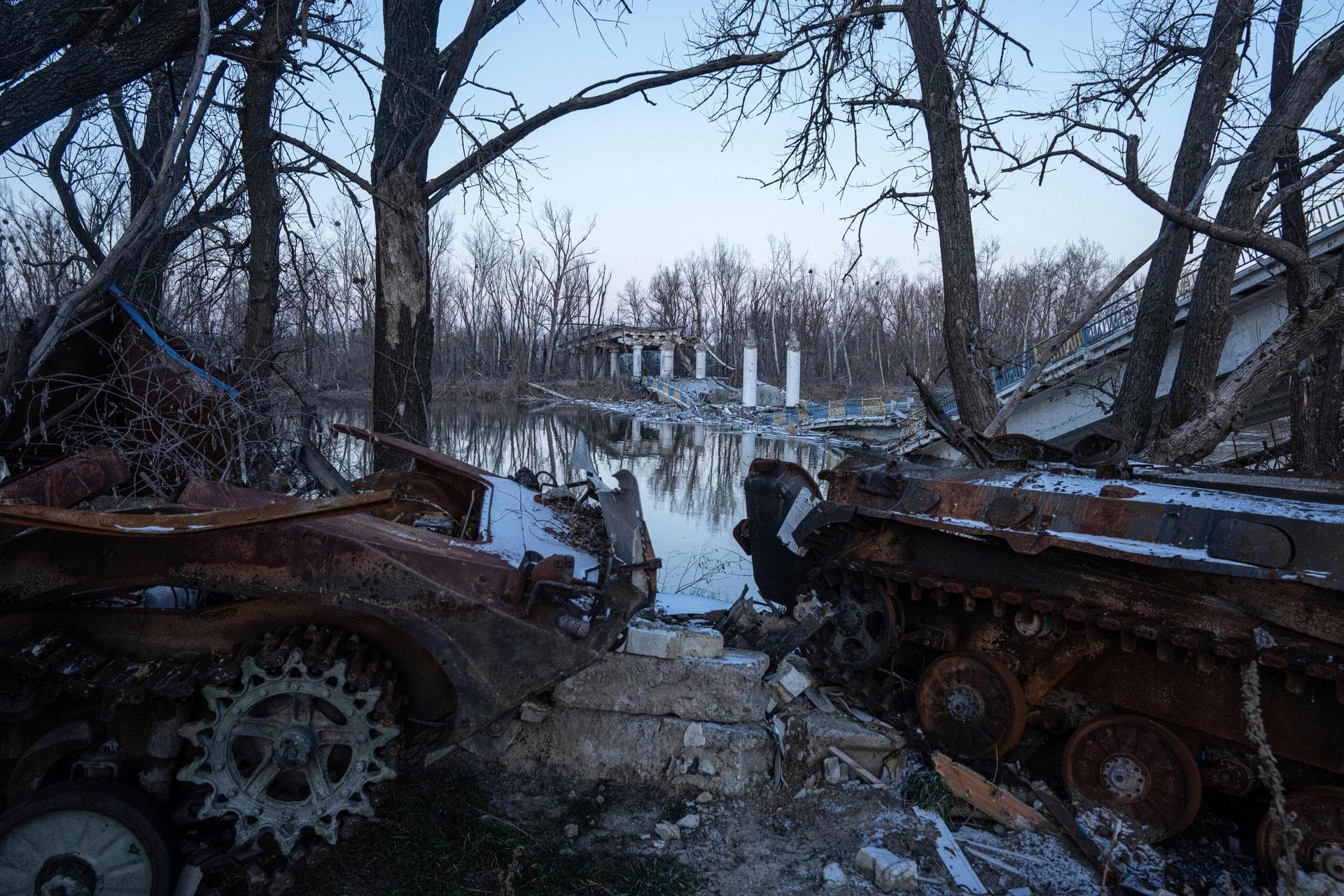 A destroyed bridge across Siverskyi-Donets river in the recently retaken village of Bogorodychne