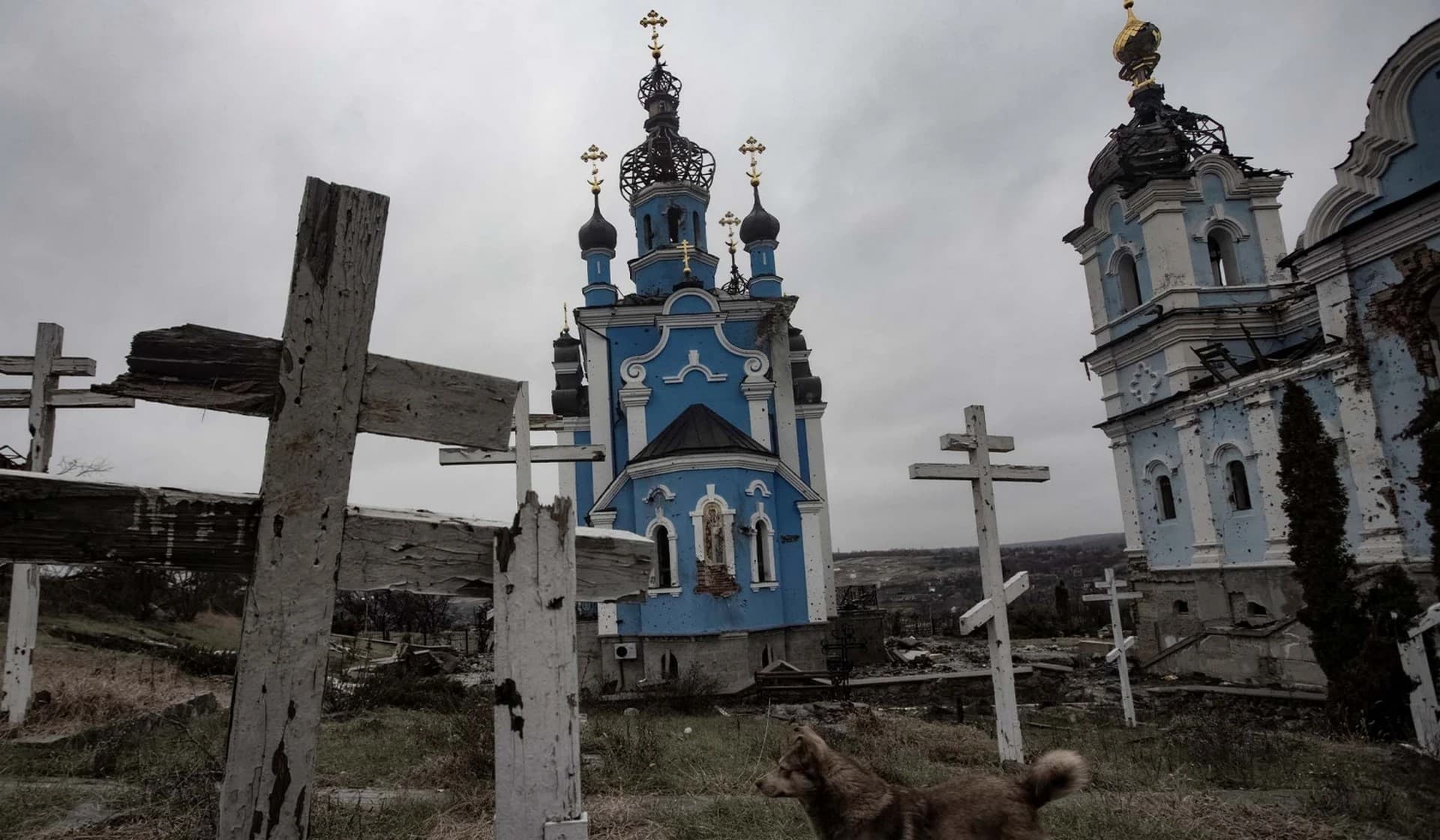 A destroyed Orthodox church is seen in the village of Bohorodychne in Donetsk region