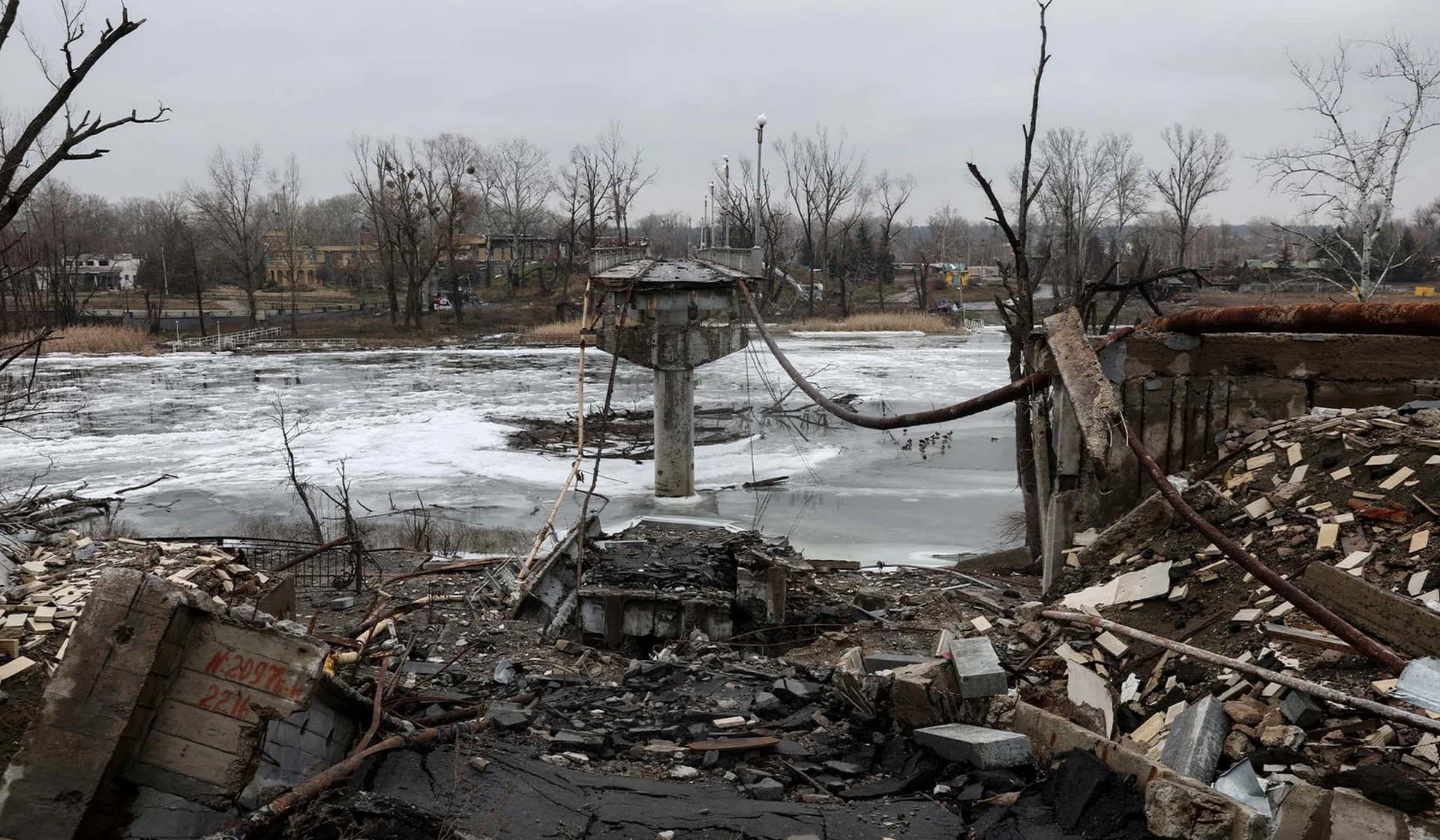 War torn remnants of a bridge connecting the town of Sviatohirsk to the Sviatohirsk Cave Monastery remain, Sviatohirsk