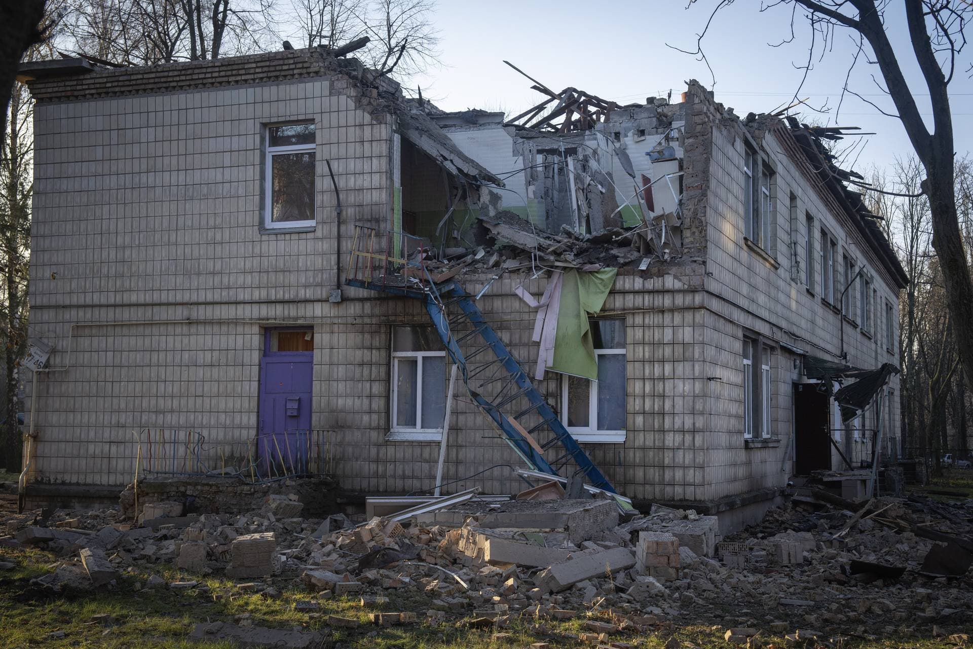 A damaged kindergarten following a Russian drone attack in Kyiv