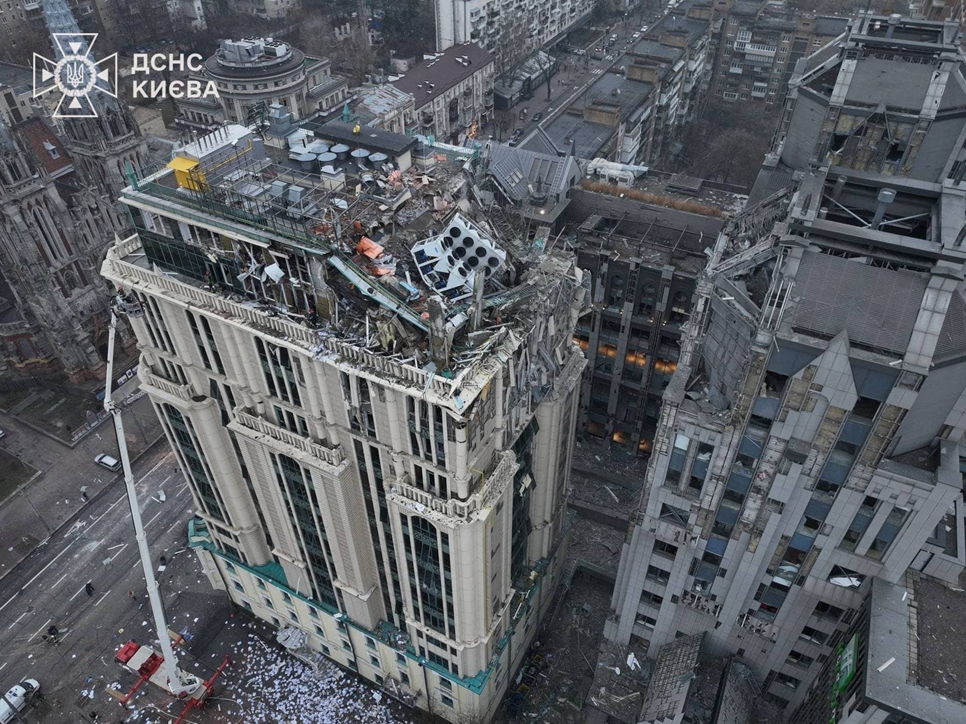 Buildings damaged during a Russian missile strike in Kyiv