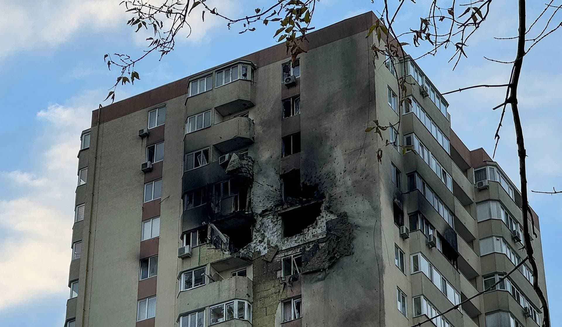 An apartment building damaged during a Russian drone strike in Kyiv